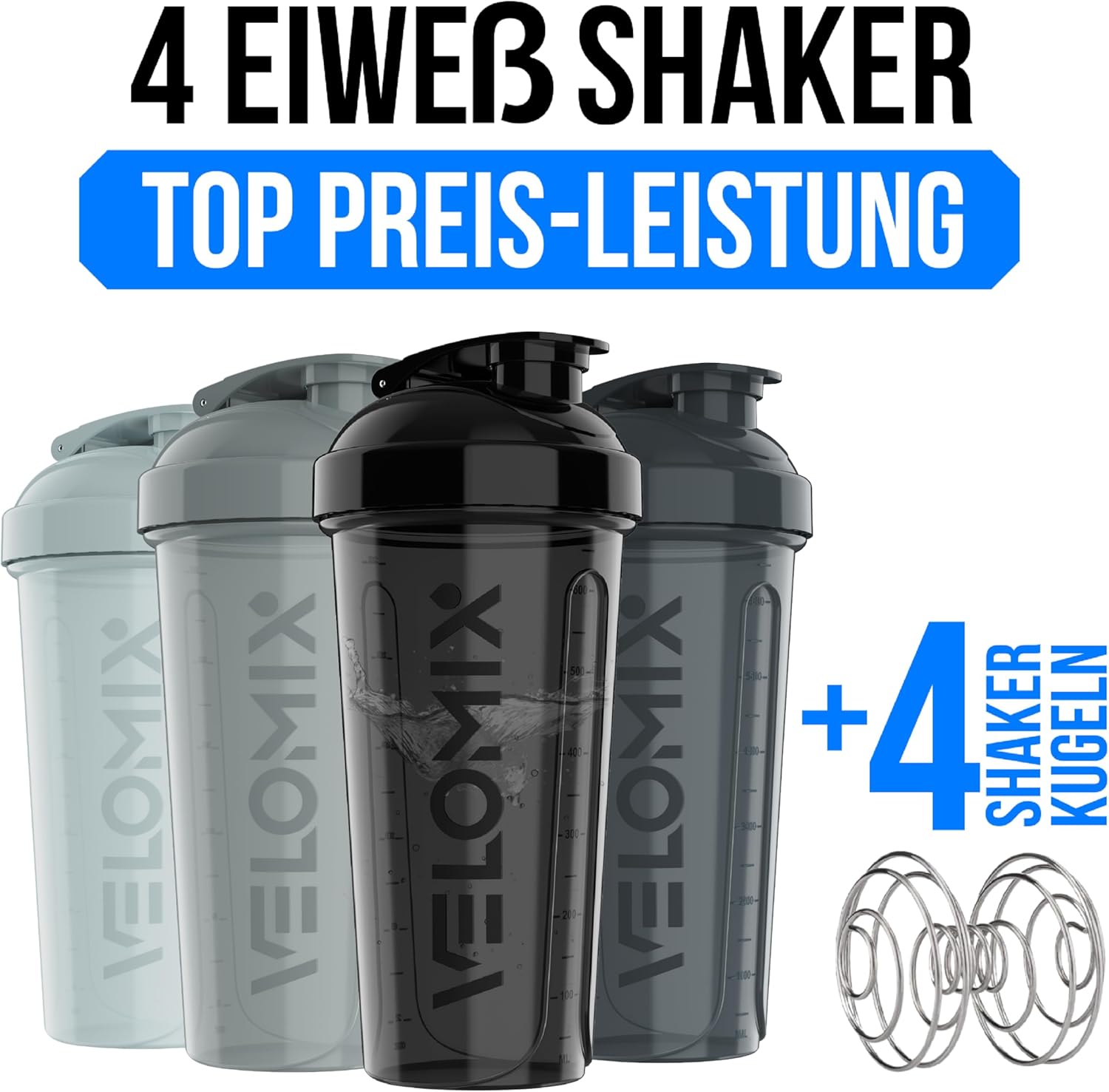Thumbnail 1 de VELOMIX 4er-Set Eiweiß-Shaker 828 ml (BPA-frei, auslaufsicher, spülmaschinengeeignet)