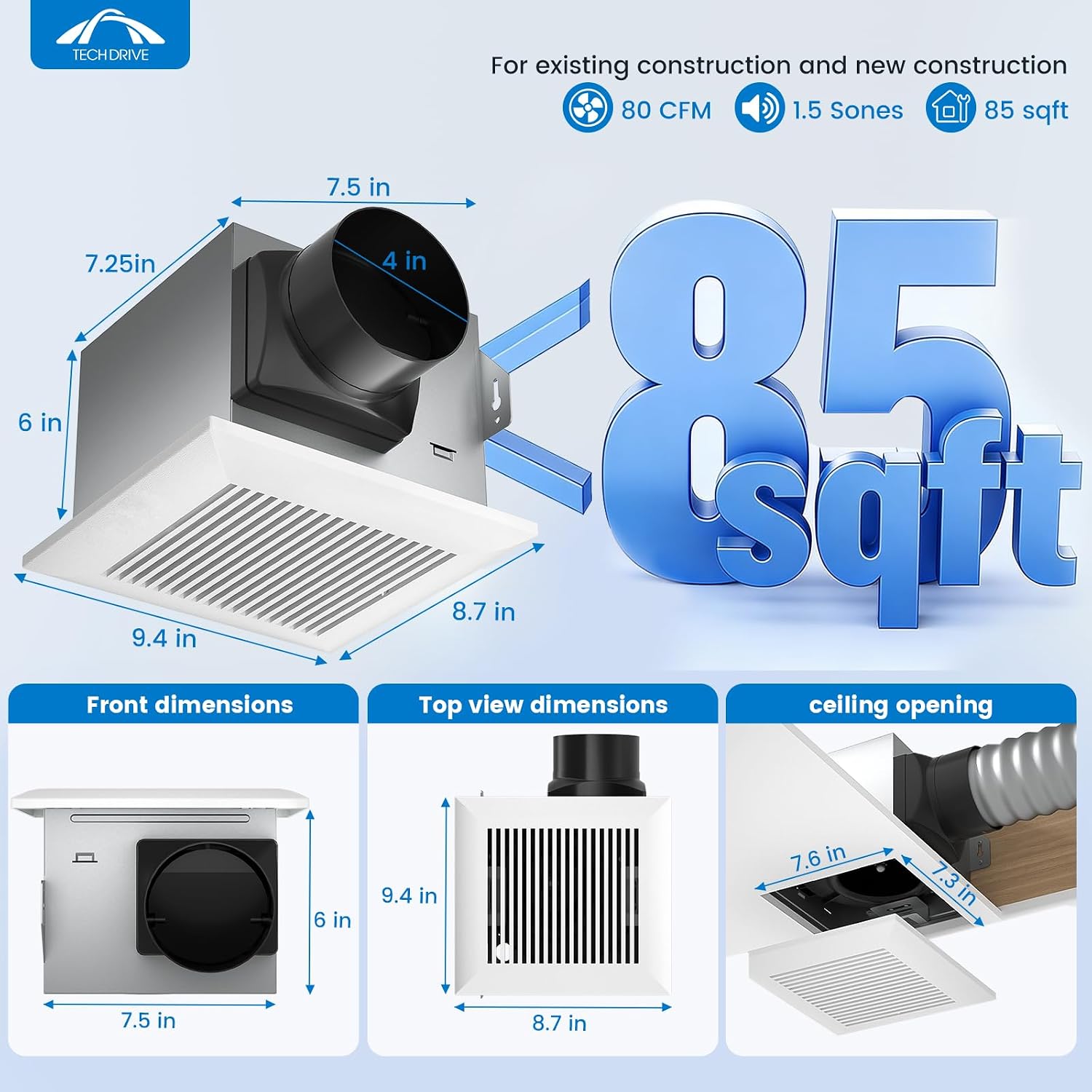 Detalle 2 de Tech Drive TD-BF-04 Bathroom Exhaust Fan, 80 CFM, 1.5 Sones, 4-Inch Duct