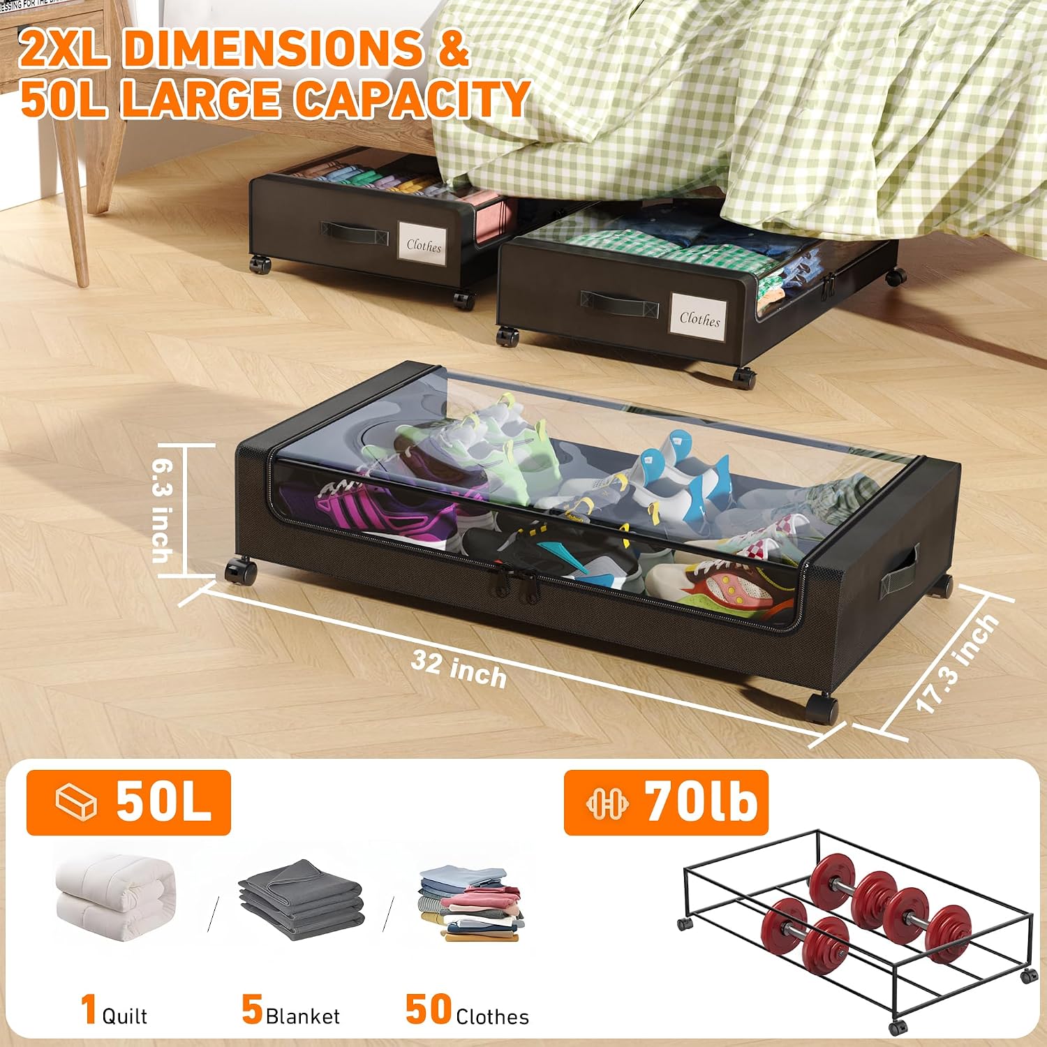 Detalle 2 de Under Bed Storage with Wheels, 2 Pack ⚙