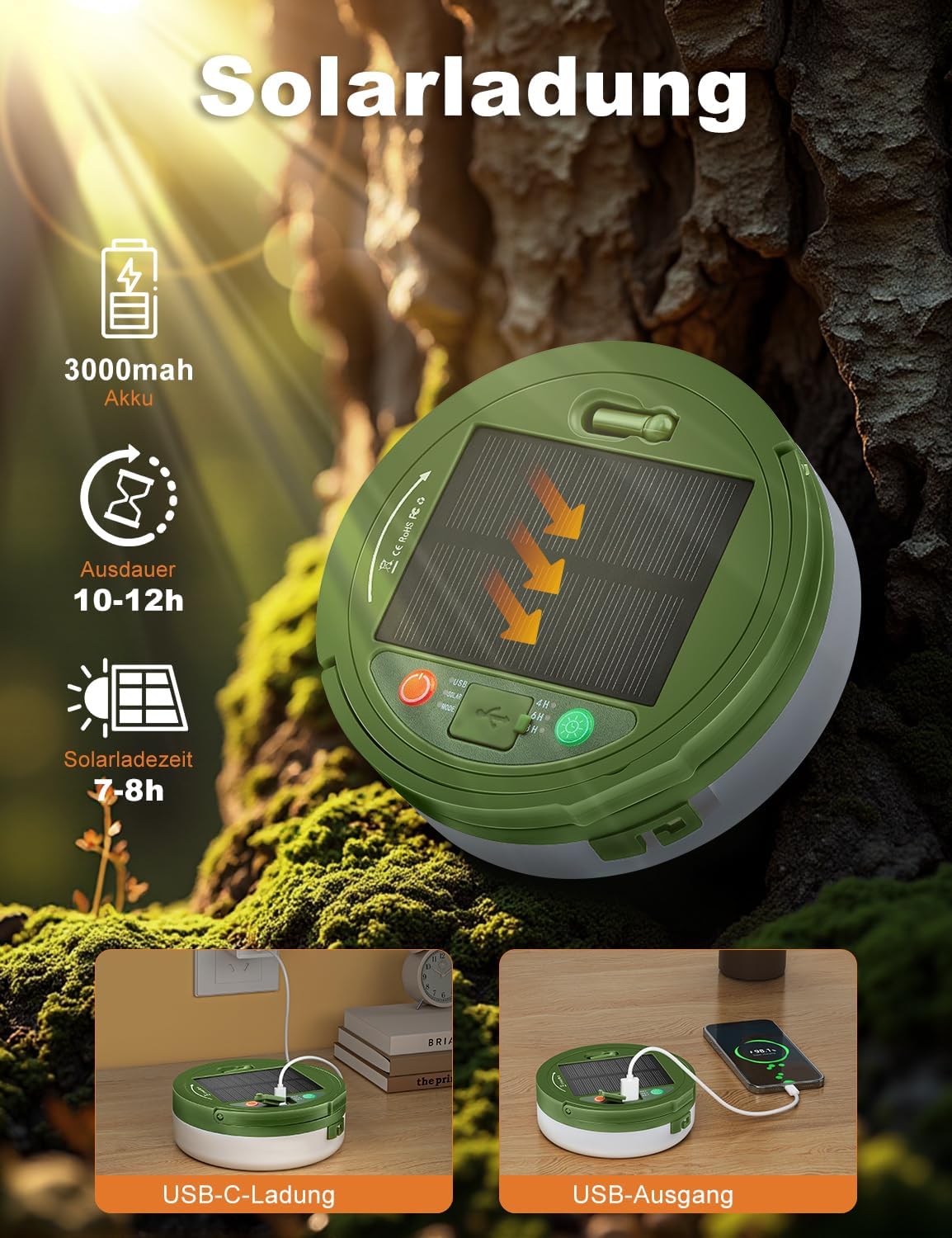 Detalle de Camping Lichterkette Aufrollbar Solar 10 m – Wiederaufladbar, IP65 wasserdicht, 8 Beleuchtungsmodi