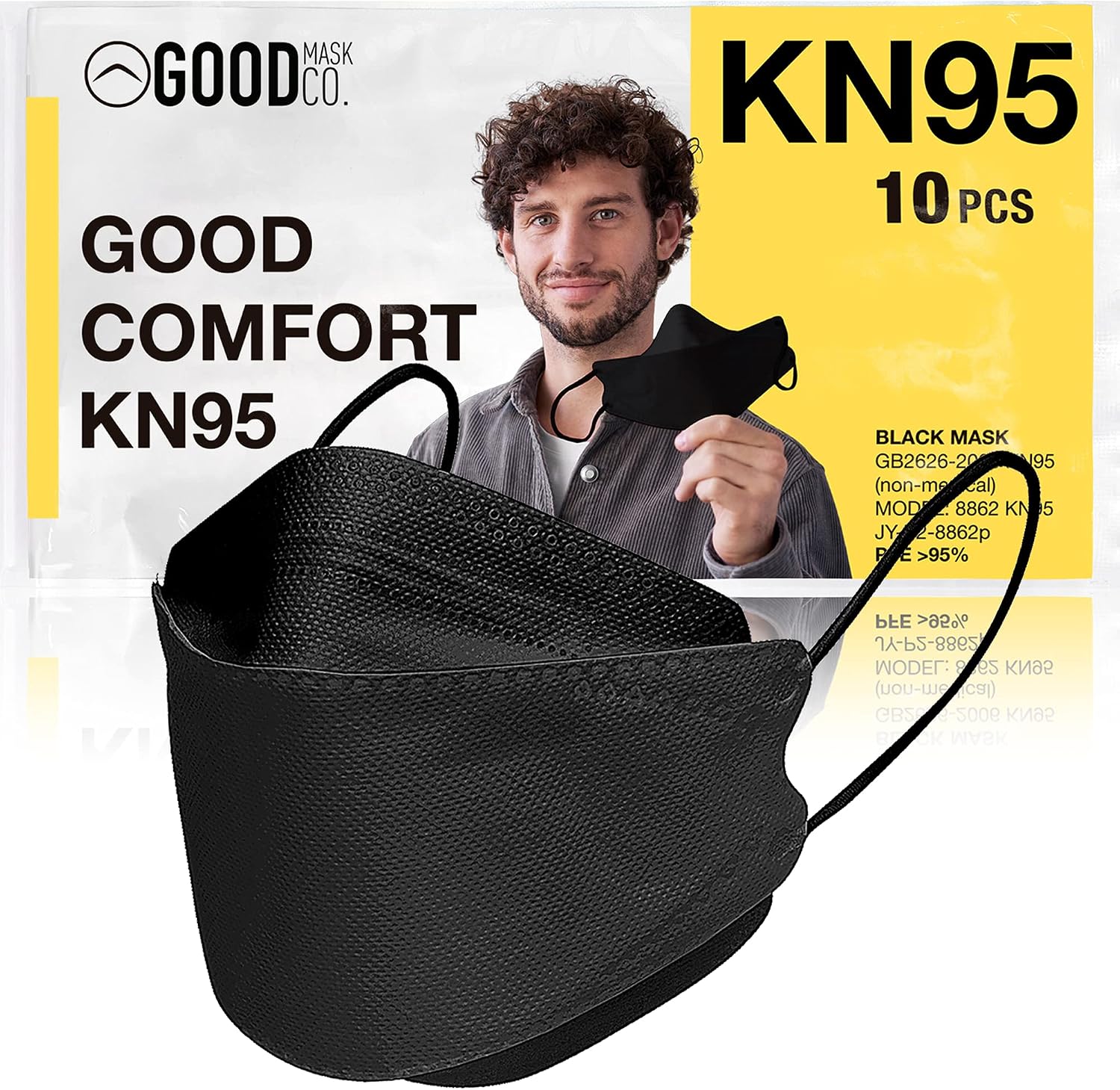 Detalle de Good Mask Co. 37143918280865 Good Comfort KN95 Face Mask, Black, 10 Pack