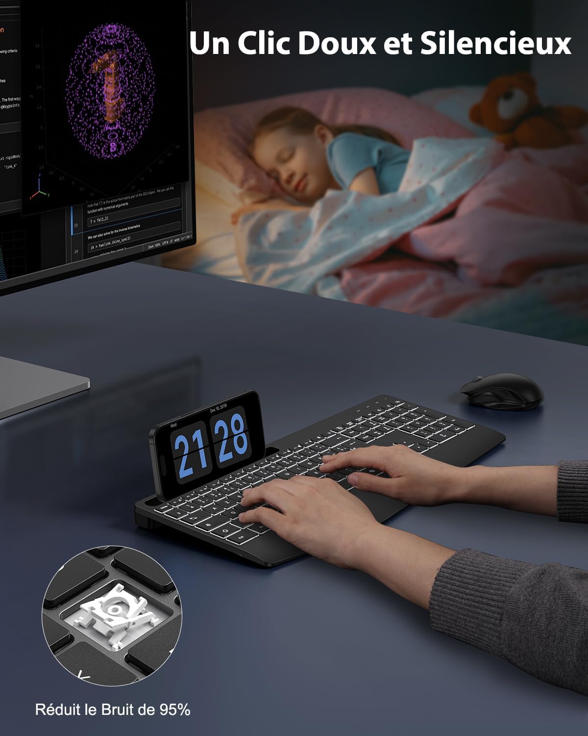 Thumbnail 5 de TECURS Clavier sans Fil 2,4 GHz AZERTY Français avec Repose-Poignet – Rétroéclairage 7 couleurs, Silent et Ergonomique