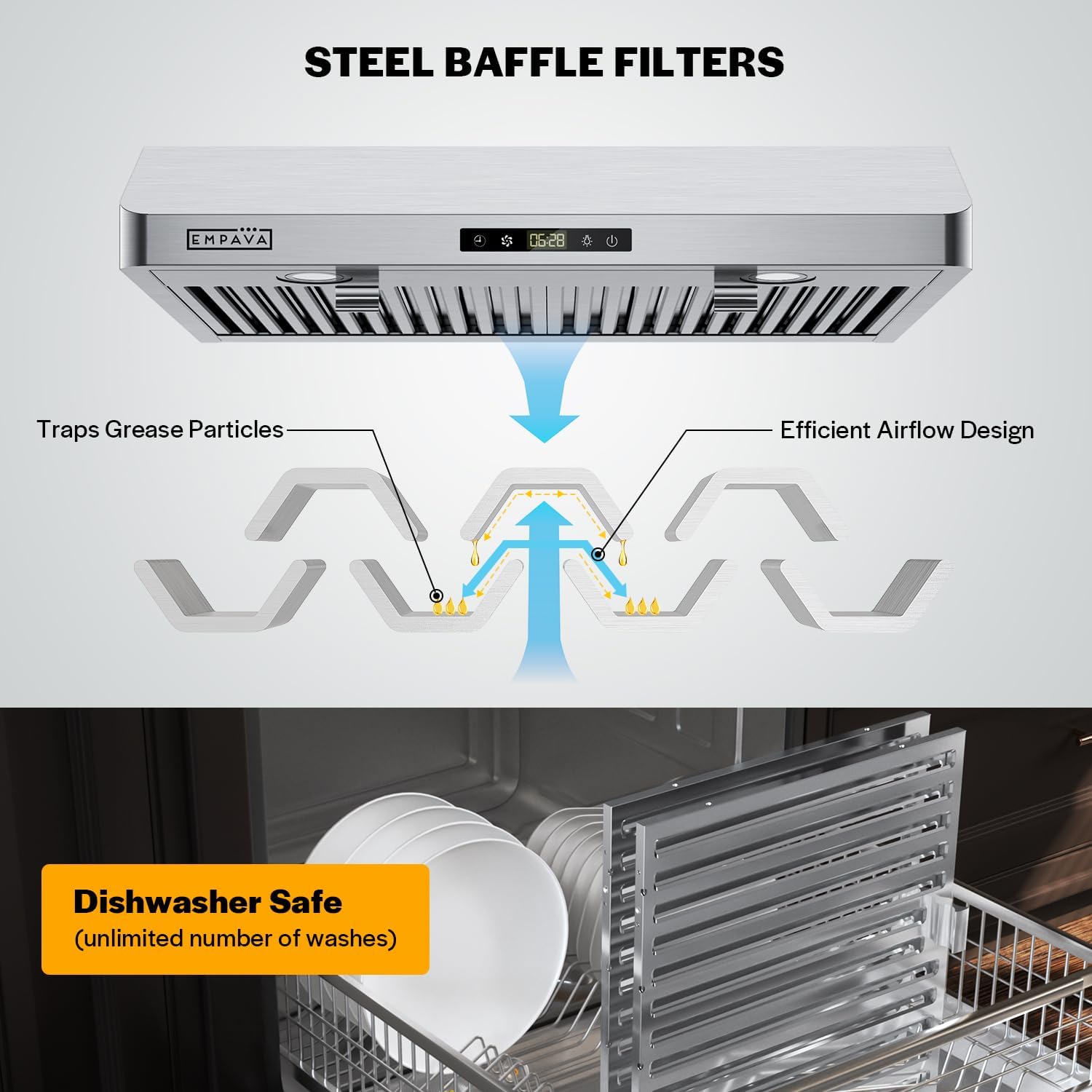 Detalle de Empava 30-Inch Under-Cabinet Range Hood, 300 CFM, 3-Speed Touch Control