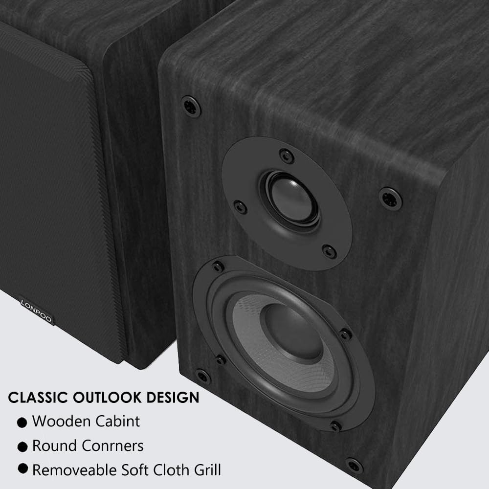 Detalle de LONPOO Passive Regal-Lautsprecher-Paar (75W RMS) mit 4-Zoll Kohlefaser-Tieftöner und 1-Zoll Seidenkalotte – 2-Wege passiv