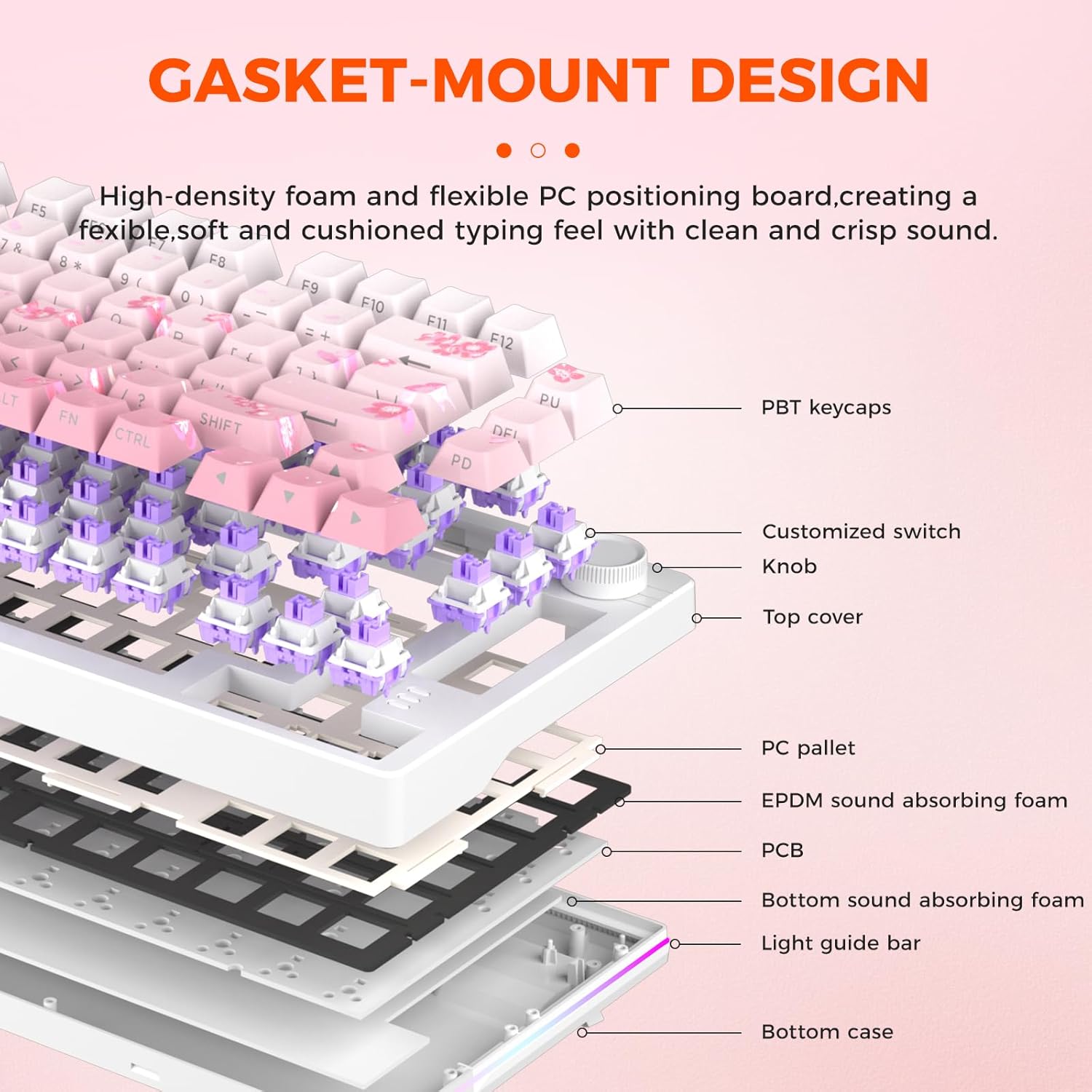 Detalle 2 de DAREU EK75PRO Sakura Pink – klawiatura mechaniczna 75% RGB z hot-swapem