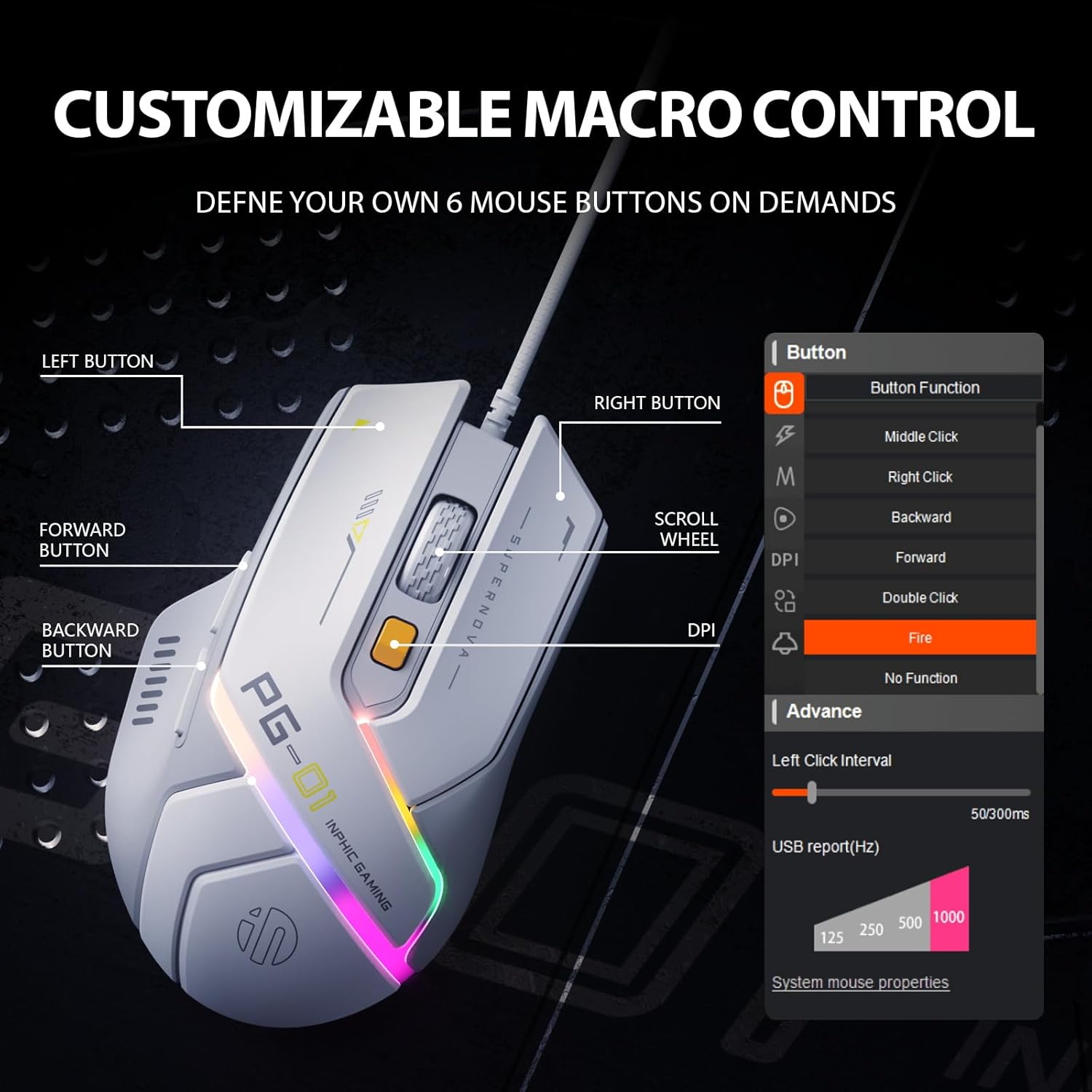 Detalle 2 de inphic PG1 Gamingmaus 12800 DPI, 6 Tasten