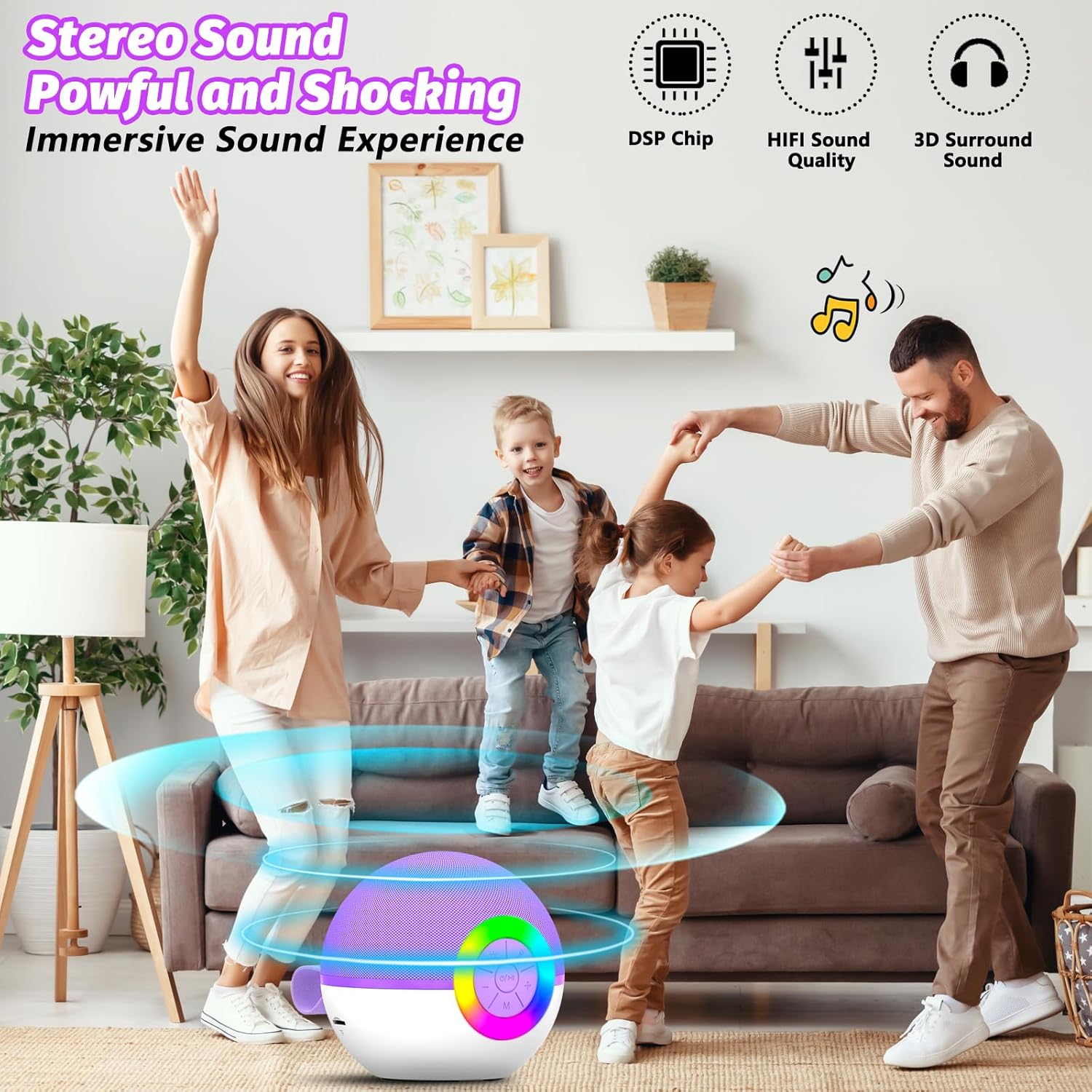 Detalle de goopow T97 Mini Karaoke Machine with Bluetooth, Two Wireless Microphones and LED Lights