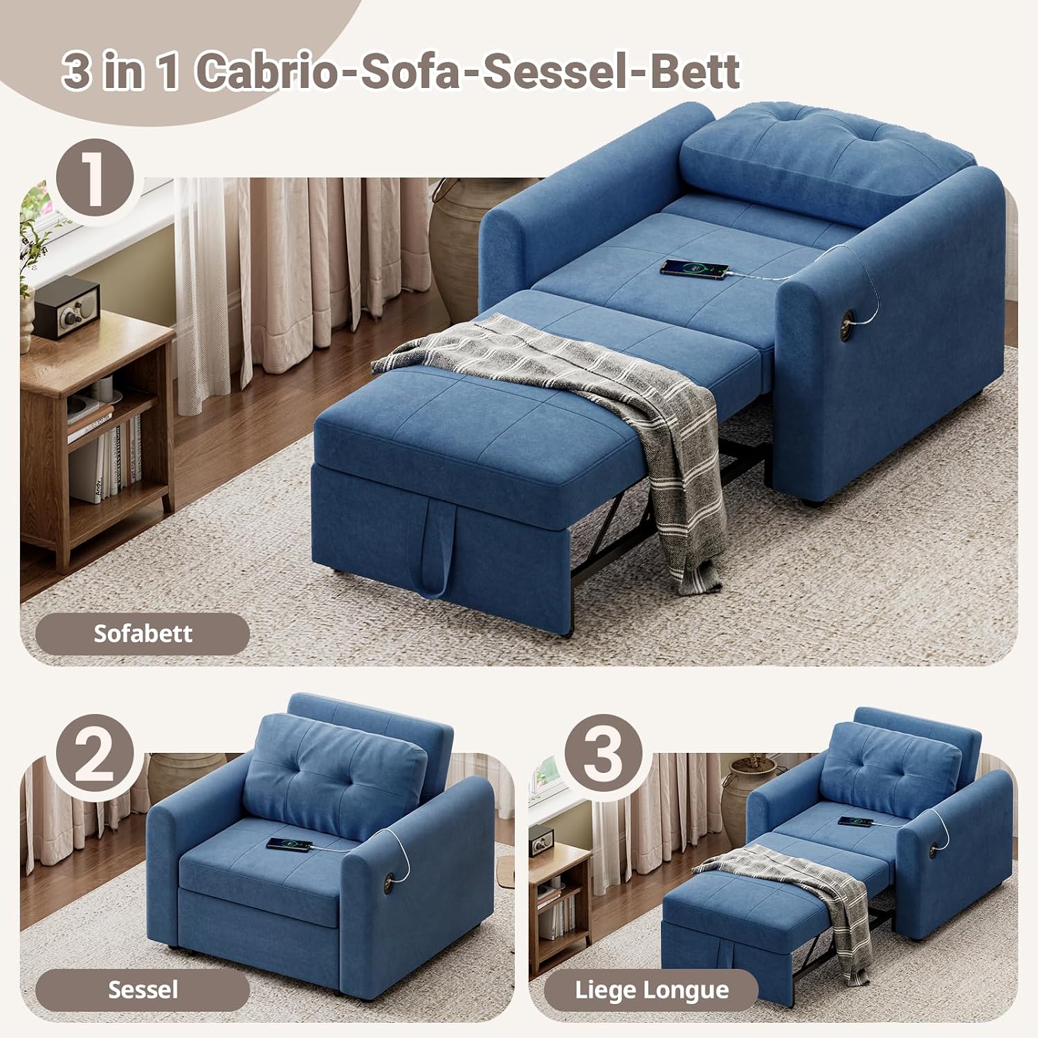 Thumbnail 2 de Luxstein Sillón 3 en 1 cama sofá Azul