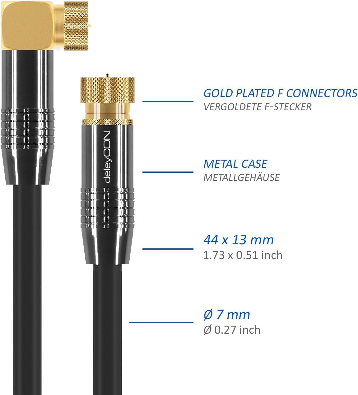 Detalle de DELEYCON 1,5 m SAT Antennenkabel Koaxialkabel F-Stecker 90° gewinkelt zu F-Stecker Gerade – HDTV/Full HD/4K, Schwarz