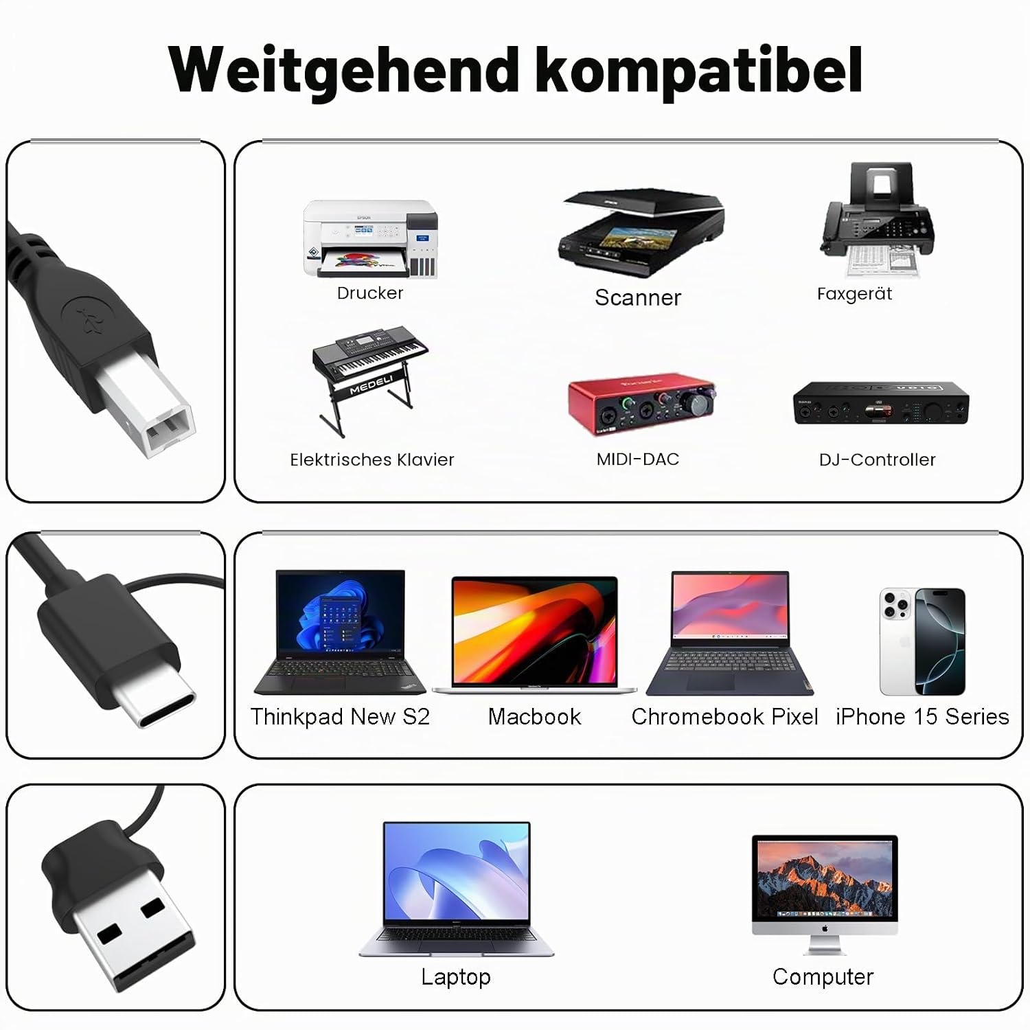 Detalle de Zosvoses USB A/C auf USB B Druckerkabel 2-in-1 – Hochgeschwindigkeits-Scanner-/Druckerkabel, 1 m, USB-C/USB-A kompatibel