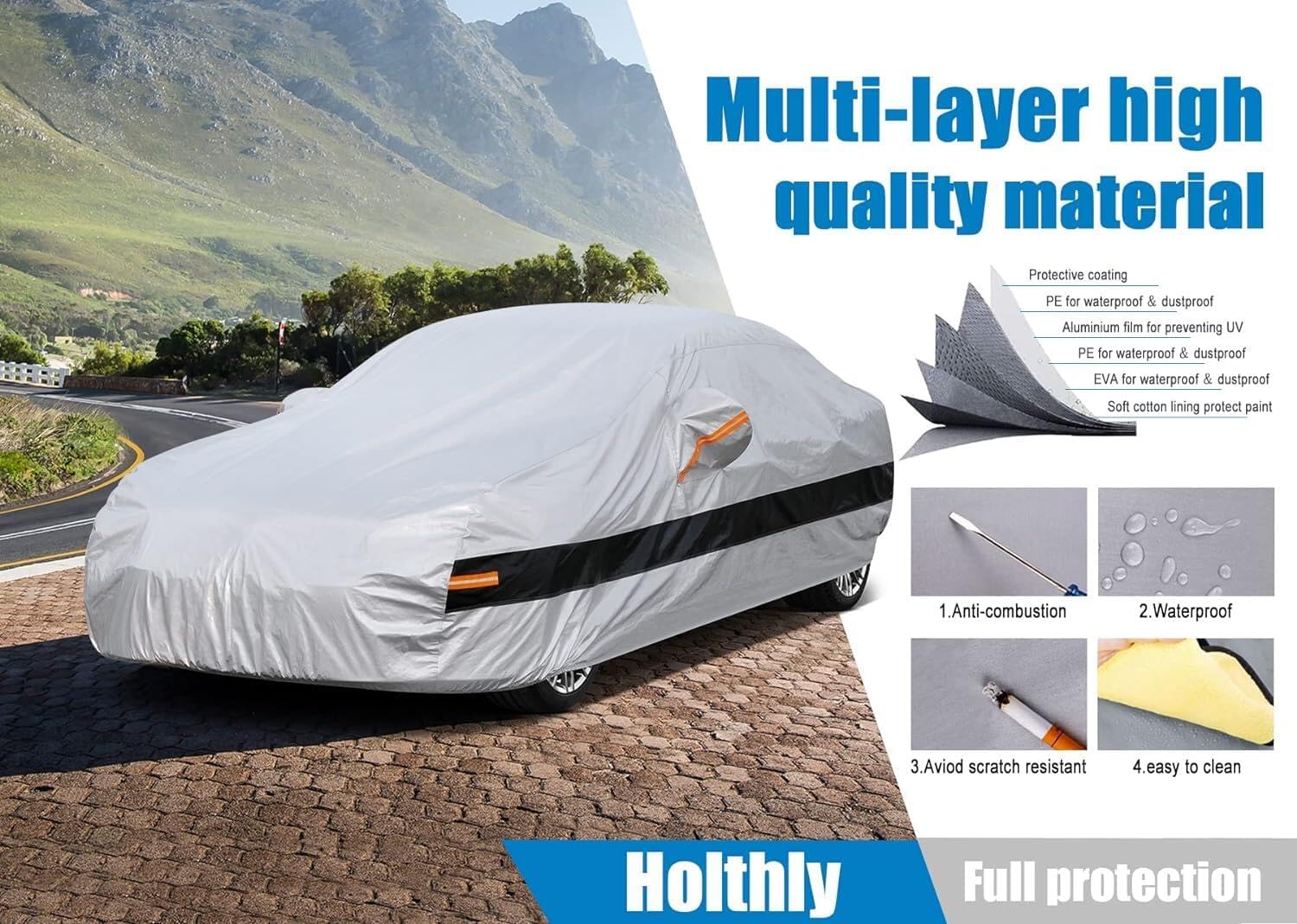 Detalle de Holthly 10-Schichten Autoabdeckung – 100% wasserdicht, UV-Schutz & Allwetterschutz für Cruze, Accord und mehr
