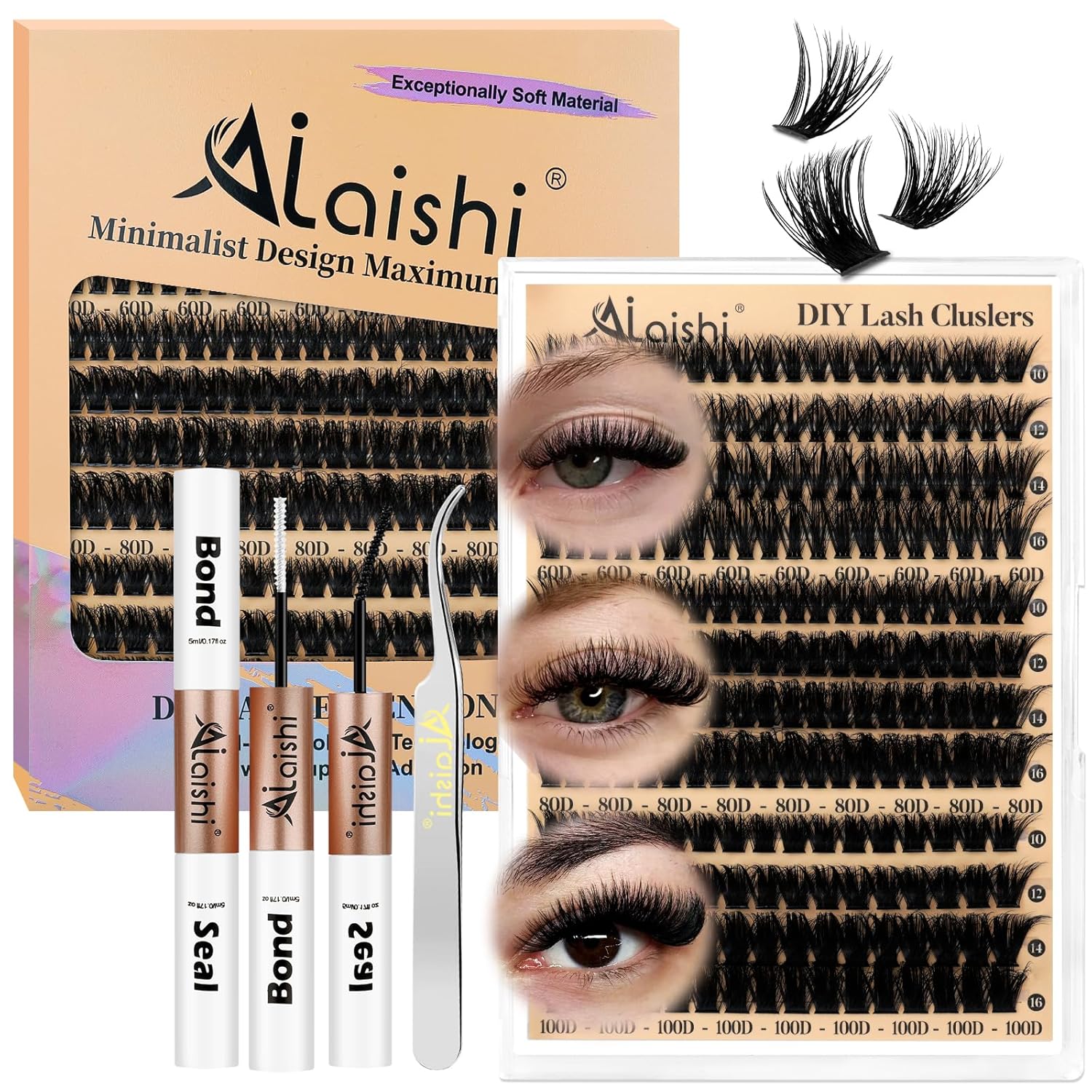 Detalle de AILAISHI Lash Clusters Kit: DIY Cluster Eyelash Extensions (60D+80D+100D, 224pcs) with Bond & Seal