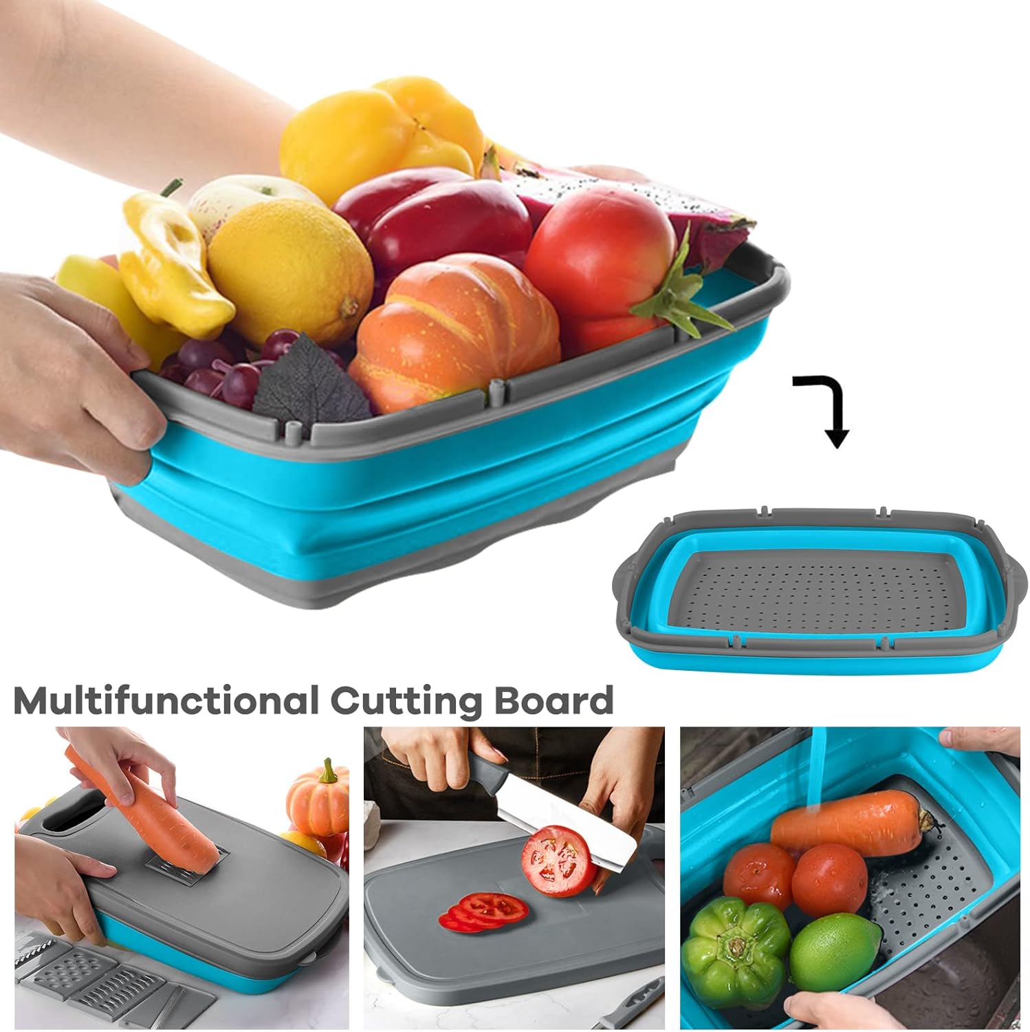 Detalle de HI NINGER 9-in-1 Multifunktionales Camping-Schneidebrett – faltbares Küchenhelfer mit 5 Gemüseschneidern, 2 Messern & Abtropfkorb