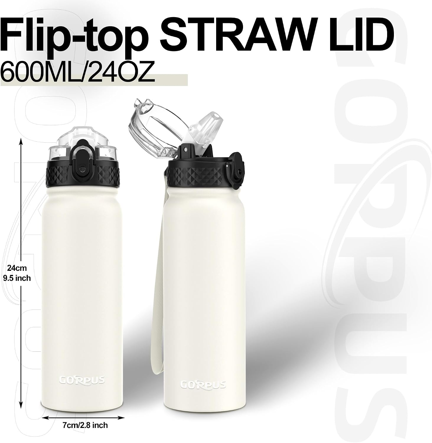 Detalle de GOPPUS 600ml Stainless Steel Water Bottle with Straw – Double Wall Insulation, Leakproof Flip Top Lid