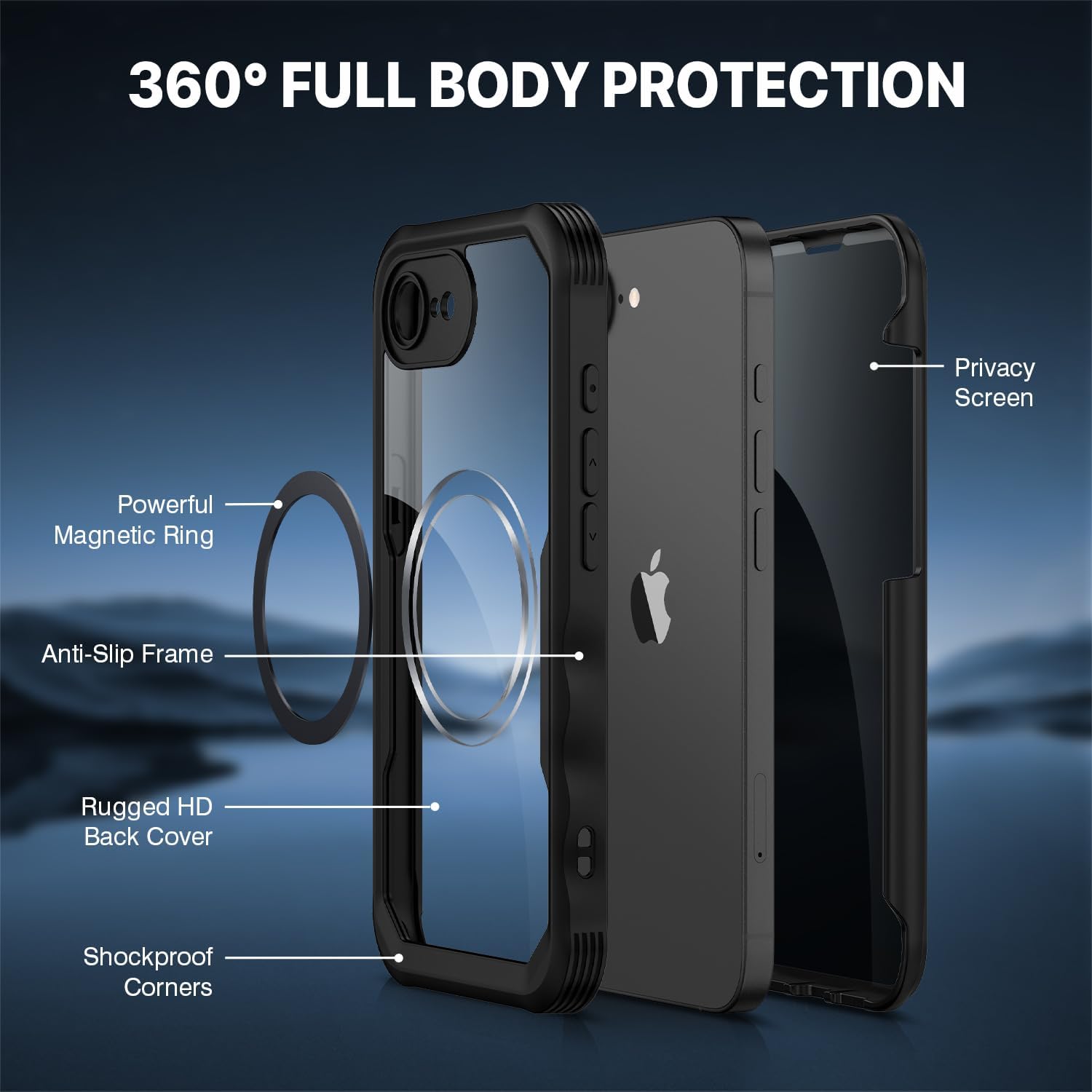 Detalle de CENHUFO Magnetic Privacy Case for iPhone 16E / iPhone 17E with MagSafe + built-in 9H privacy screen protector (Black)