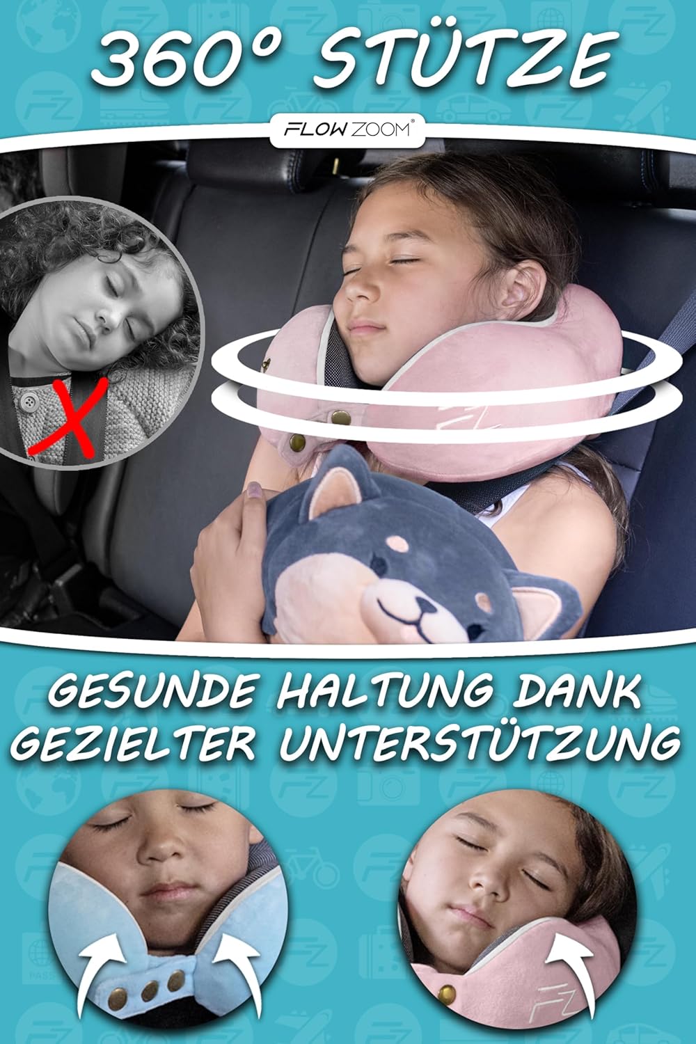 Detalle 2 de FLOWZOOM Nackenkissen für Kinder ab 6 Jahren (Größe M) mit Memoryschaum, einstellbar & waschbezug – inkl. Beutel, Rosa