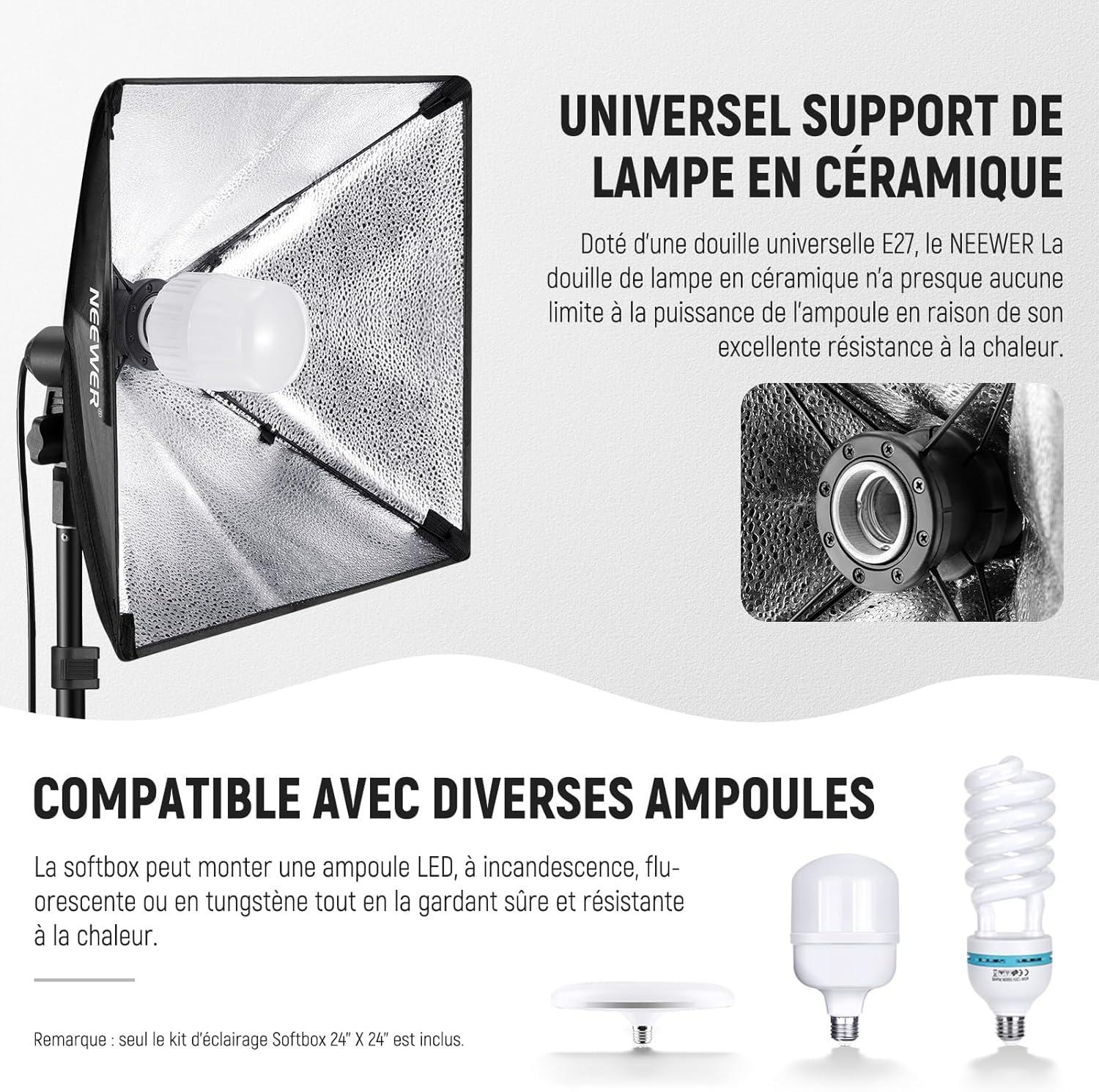 Thumbnail 6 de Kit d’éclairage NEEWER NK300 : softbox 60x60 cm, ampoule LED 5700K E27 et support 210 cm