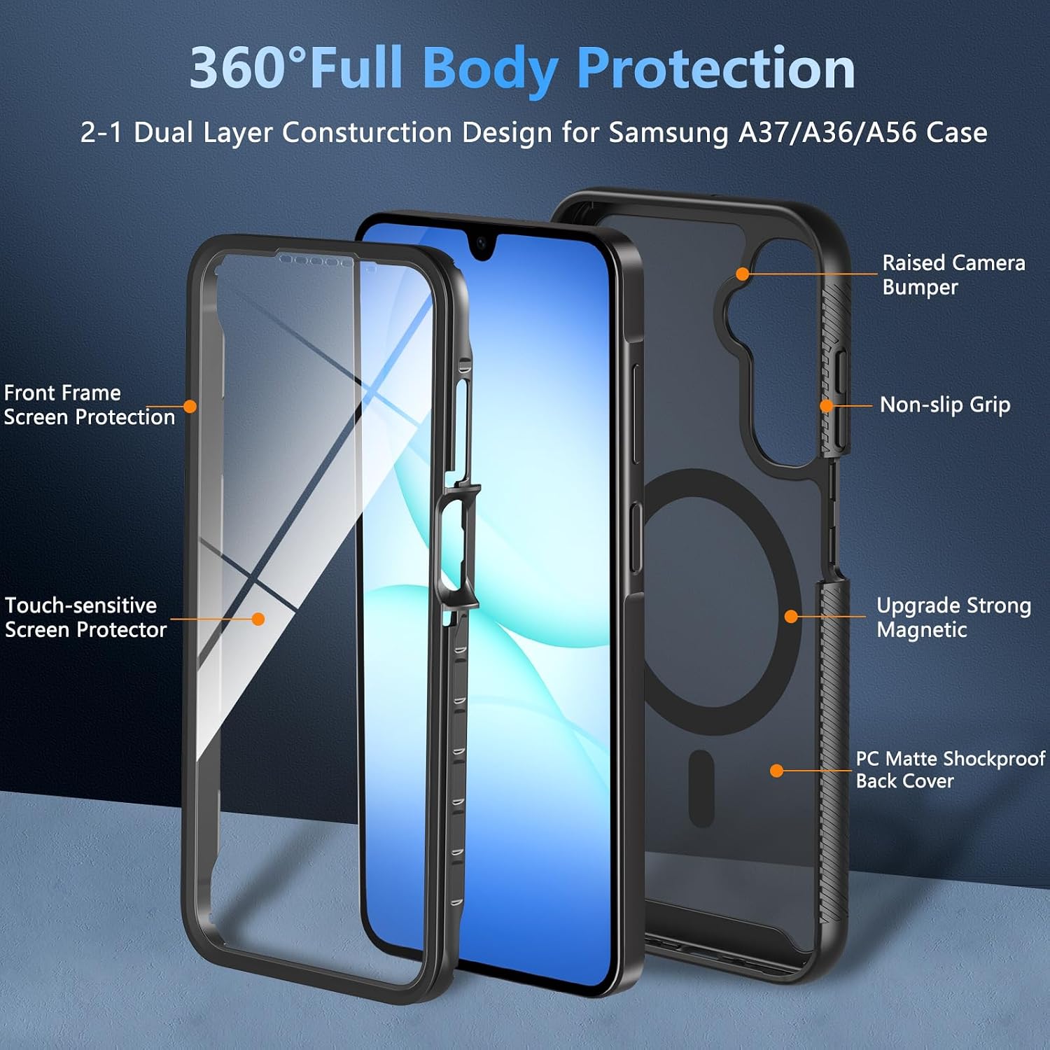 Detalle de Hensinple Galaxy A17/A16 5G Case with Built-in 9H Glass, MagSafe Compatibility, and 360° Rugged Protection