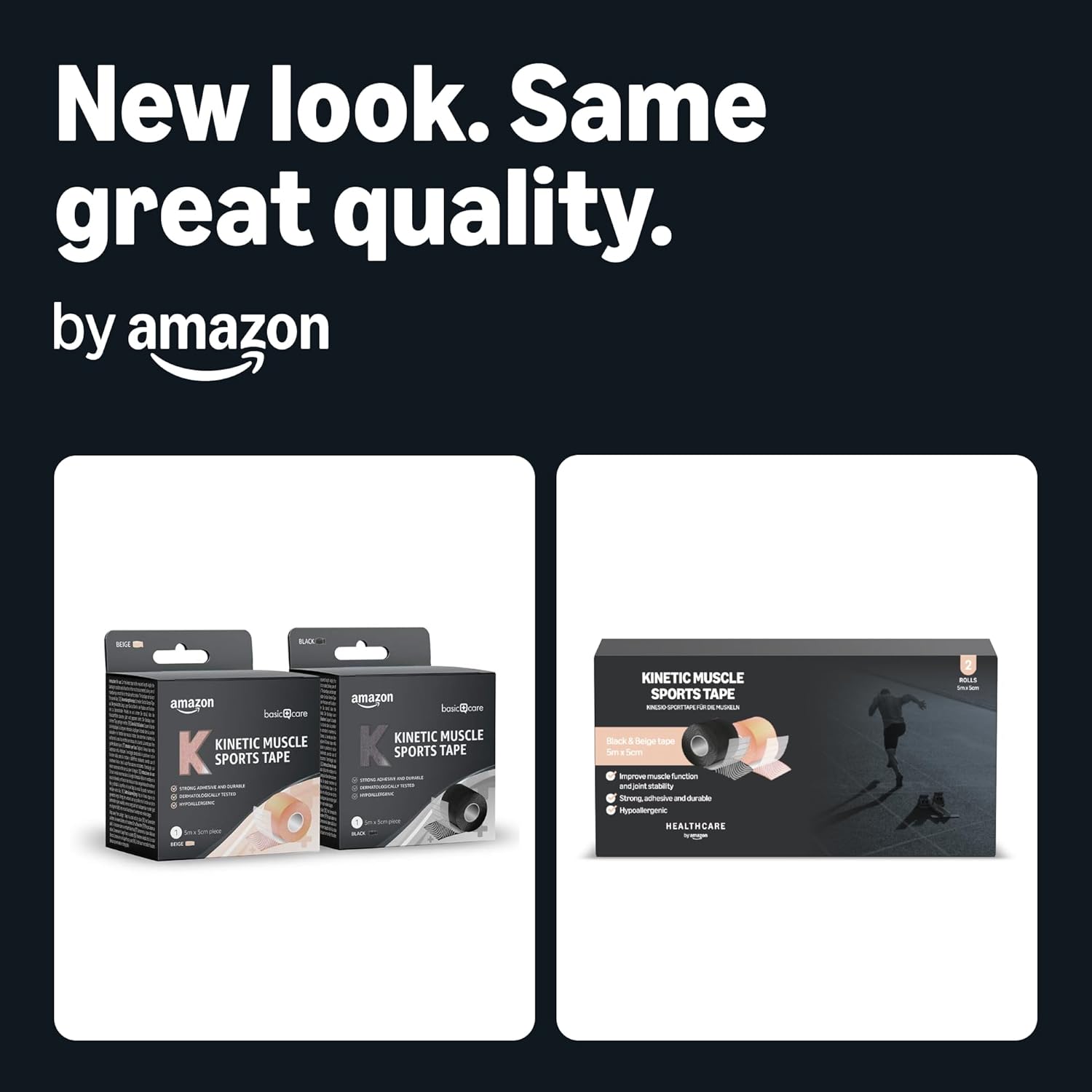 Detalle de Healthcare by amazon Kinetic Muscle Sports Tape 5 m x 5 cm – 2 Tapes (1 Black, 1 Beige)