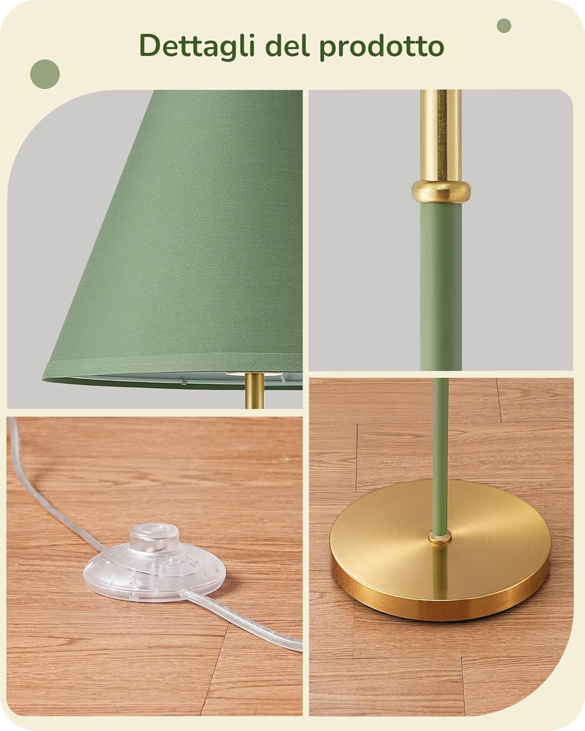 Thumbnail 3 de EDISHINE Lampada da Terra Retro in Cotone-Lino con Struttura in Metallo, LED 2700K Inclusa, verde-grigio