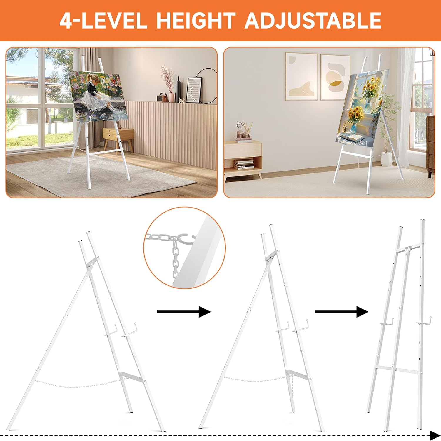 Detalle 1 de Yozoia Adjustable Metal Sign Easel, 4-Level Height, Folding Chain, White