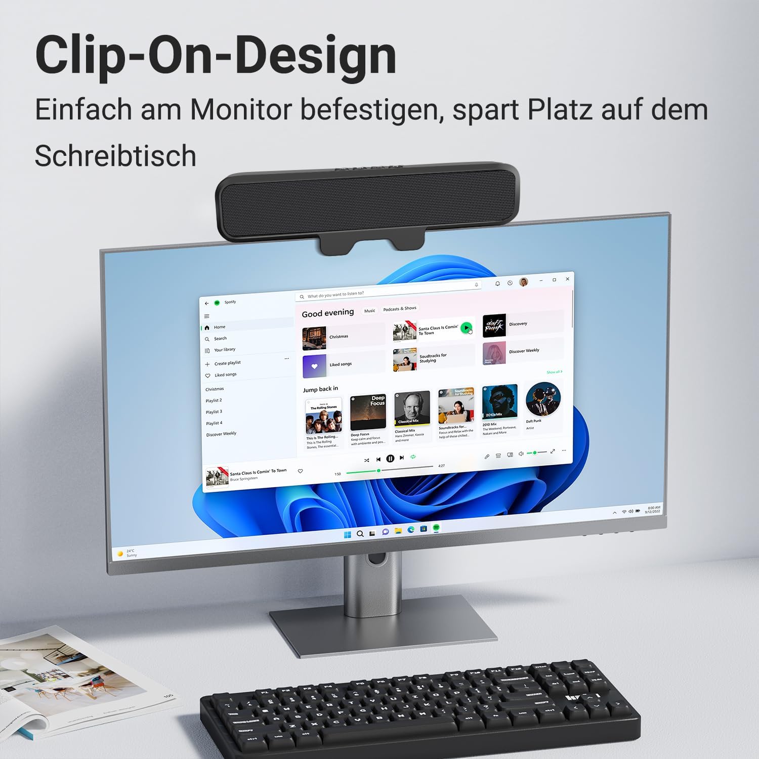 Detalle de Inwa PC-Lautsprecher USB A/C mit Monitor-Klemme (10 W) – Plug-and-Play für Schreibtisch, Lernen & Meetings