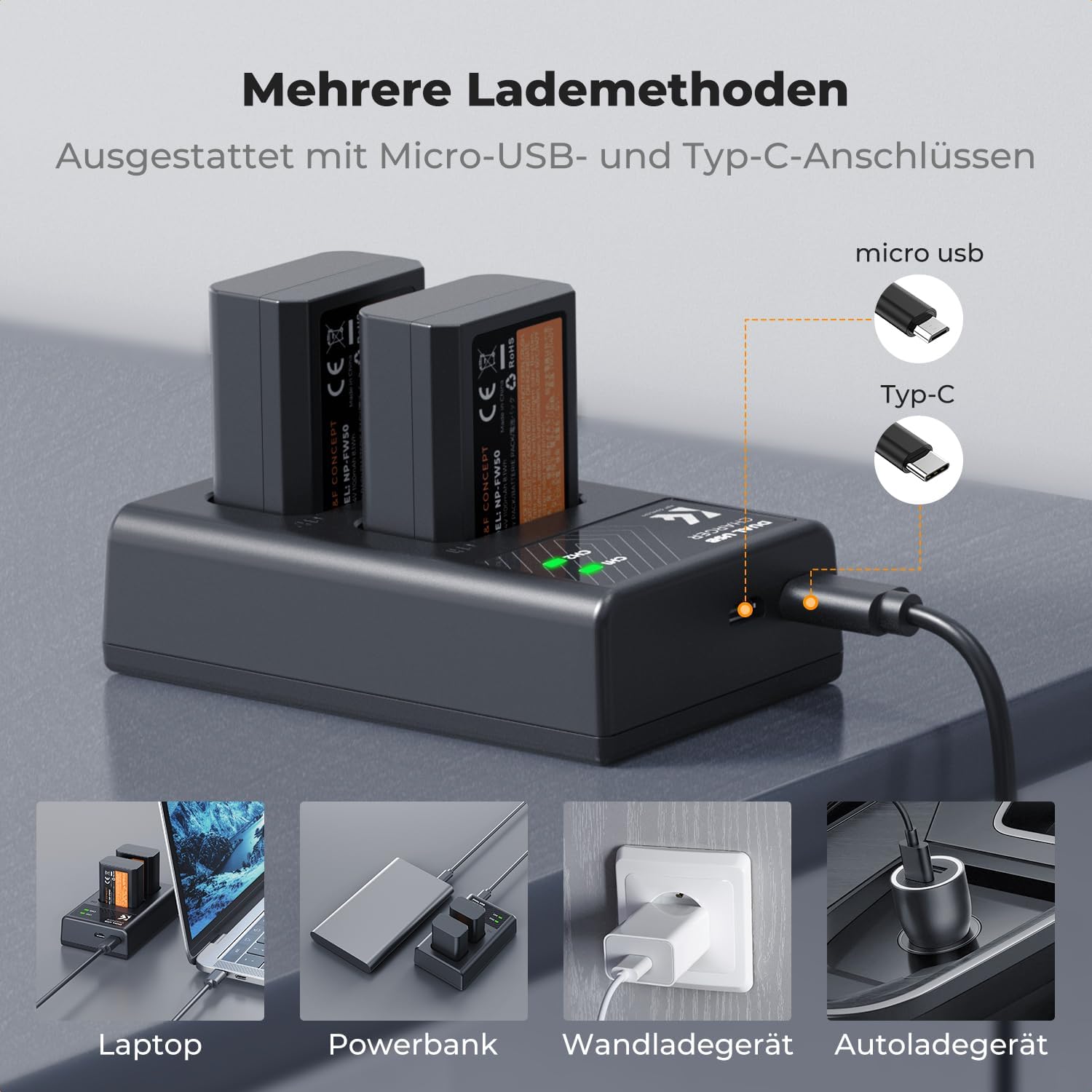 Thumbnail 5 de K&F CONCEPT NP-FW50 Kameraakku Ladegerät – 2er-Set 1100 mAh inkl. Dual-Ladeoption (Typ-C/USB-A) für Sony