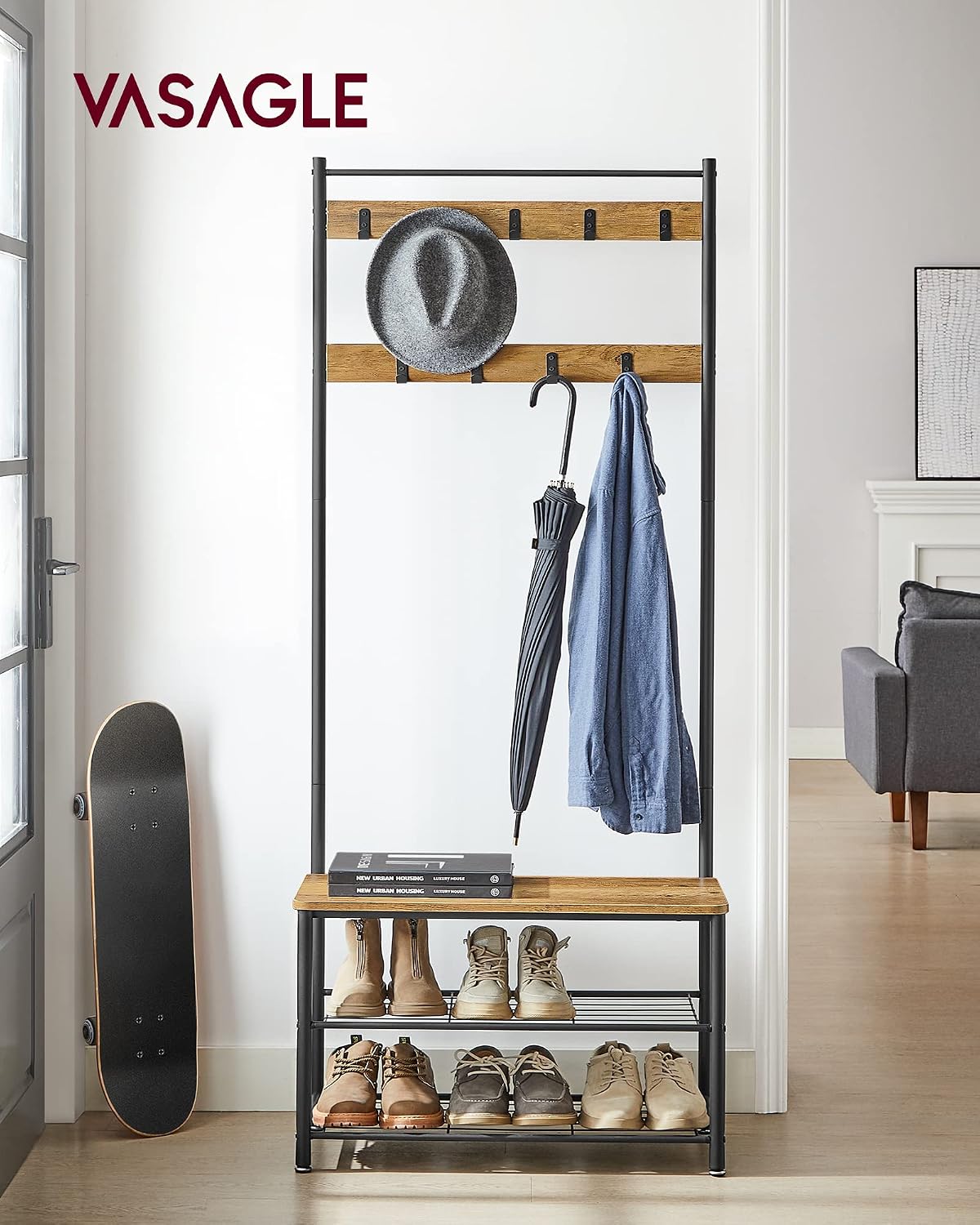 Detalle de VASAGLE Appendiabiti con Scarpiera, 3 in 1: ingresso moderno con panca e spazio per scarpe (HSR041B41)