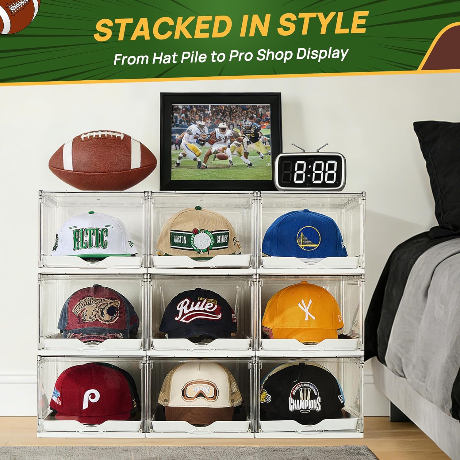 Thumbnail 6 de Vtopmart 2 Pack Hat Organizer: Clear, Stackable Storage for 24 Hats with Sliding Tray