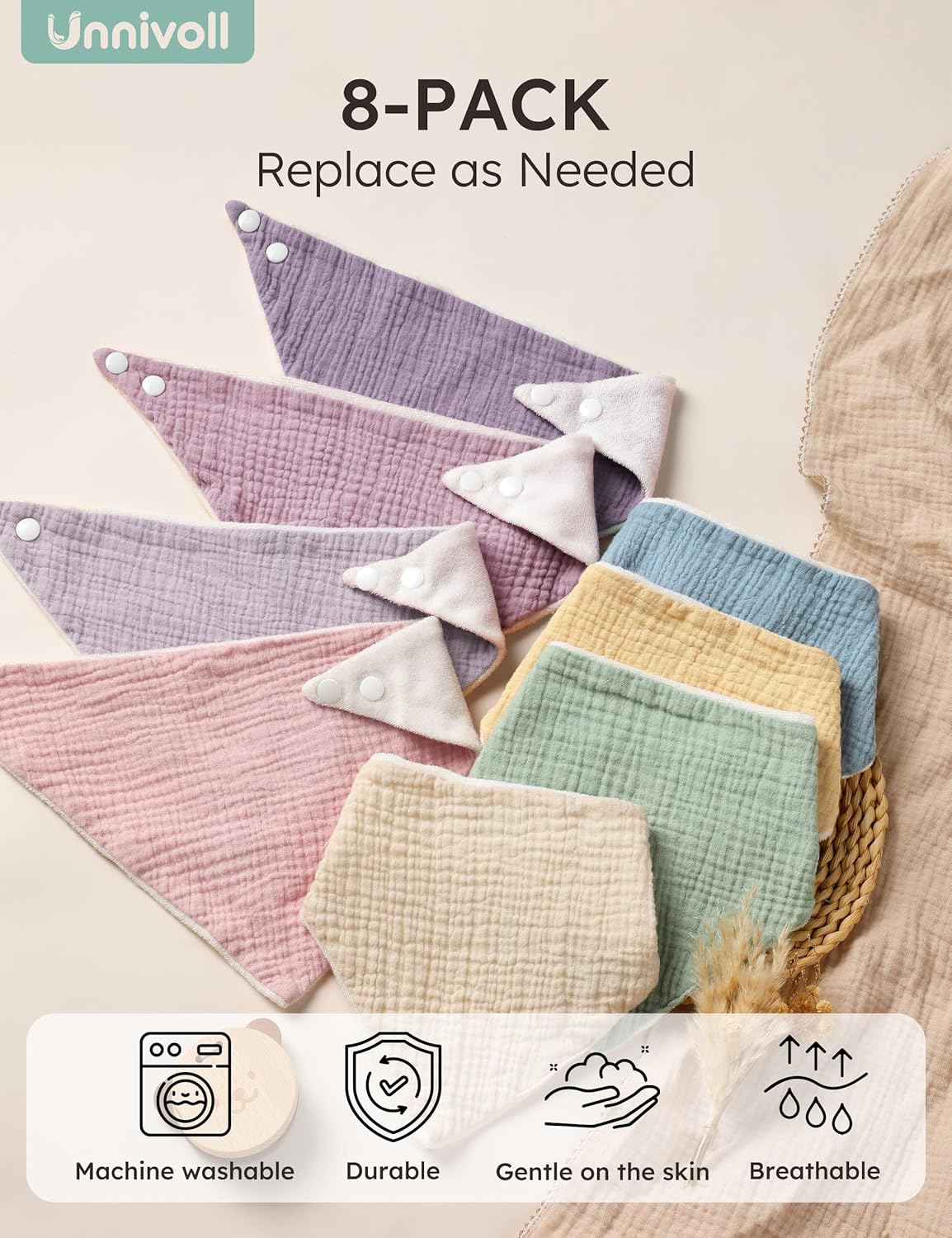 Thumbnail 5 de Unnivoll Muslin Baby Bibs 100% Cotton Bandana Dribble Bibs (8 Pack)