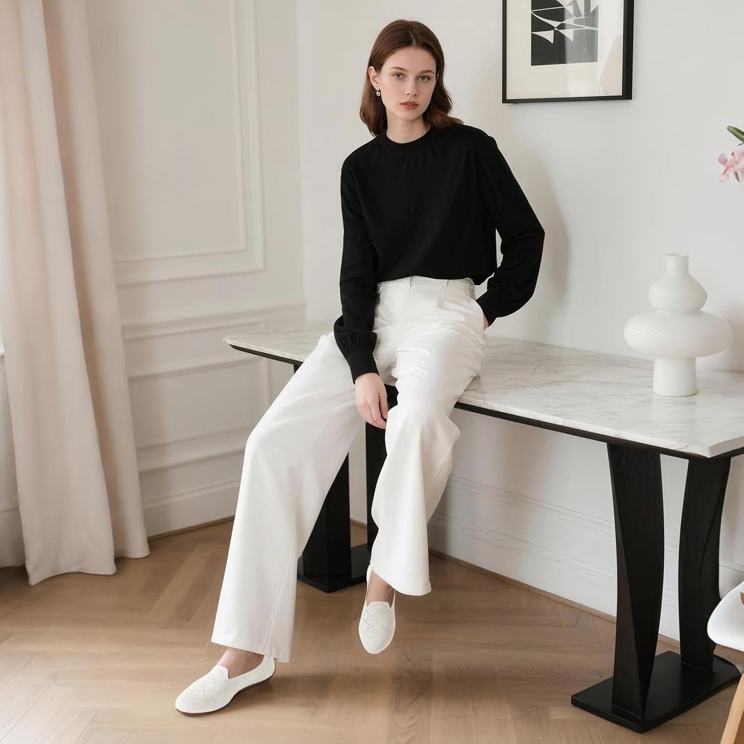 Detalle de Puxowe Bequeme Ballerinas Damen – atmungsaktive Strick-Schlupfschuhe mit Memory-Foam und faltbarer Sohle