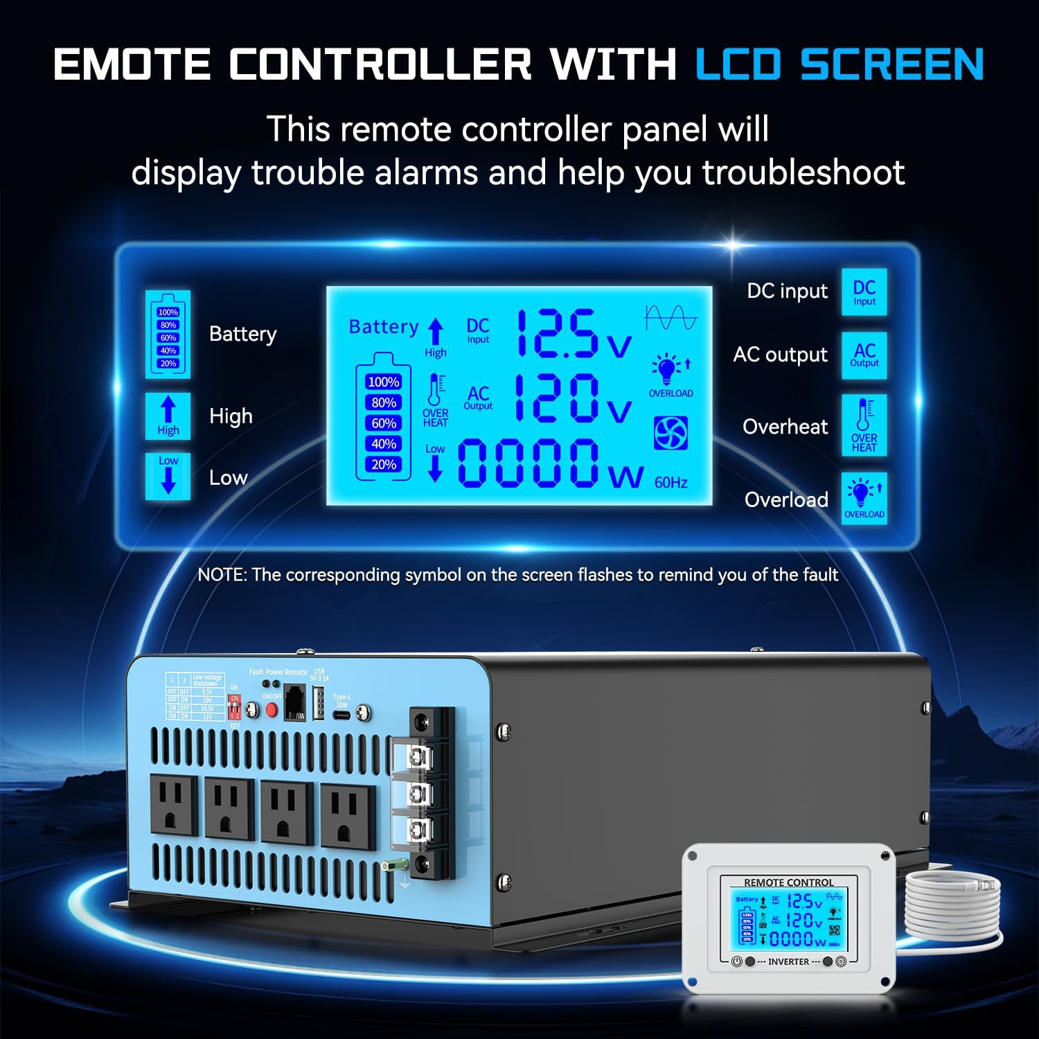 Detalle de 3000W Pure Sine Wave Inverter: 12V DC to 110V AC with LCD Remote