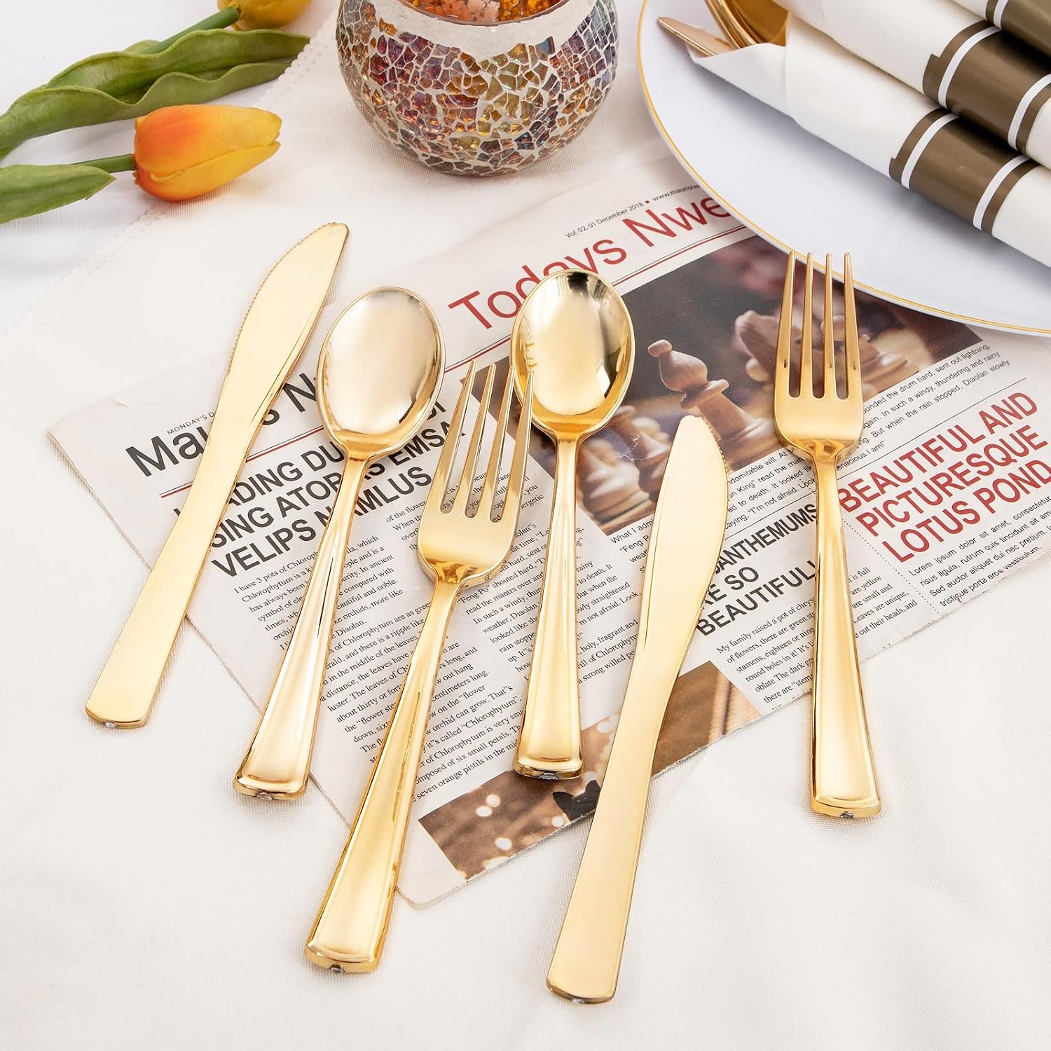 Detalle de Supernal 120Pack Gold Plastic Silverware Wrapped with Napkin
