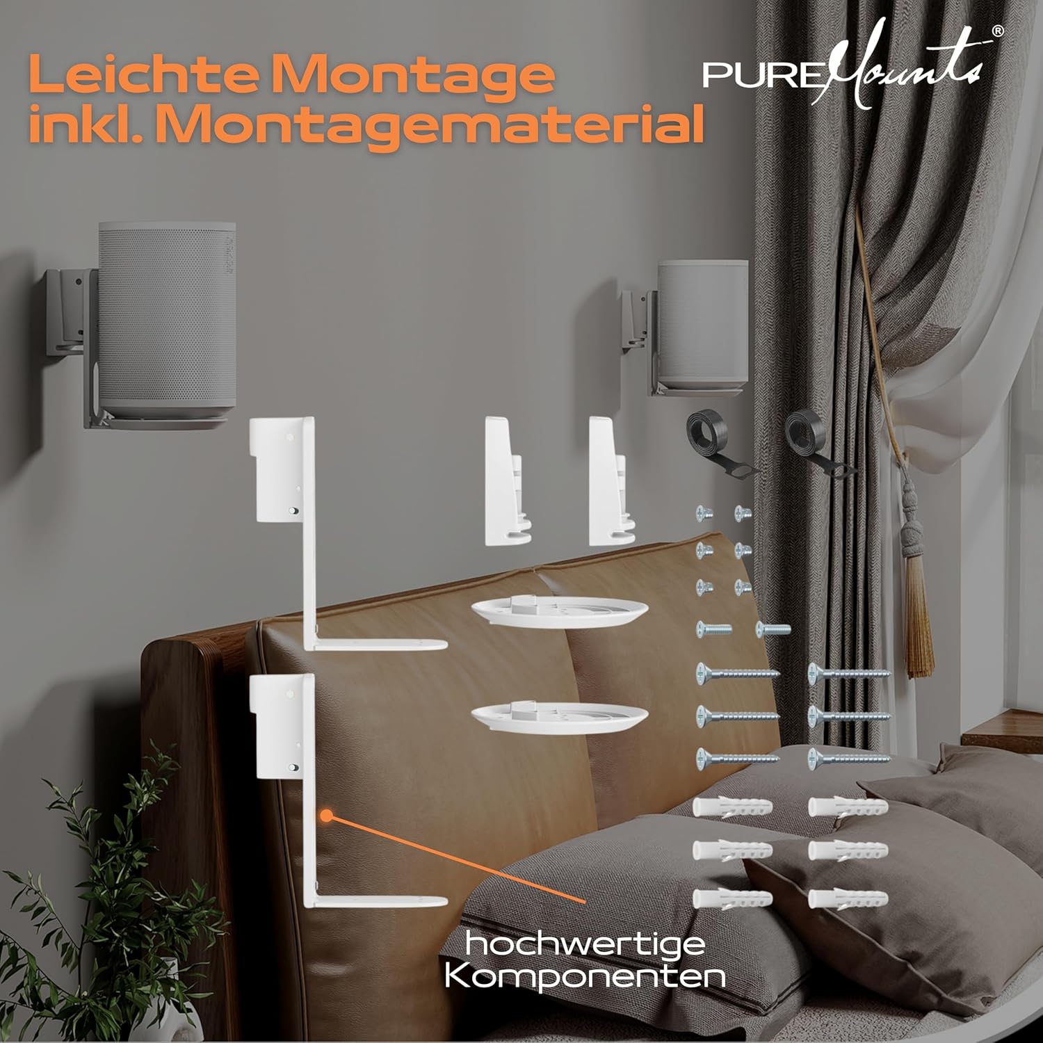 Detalle de PureMounts supporto a parete per diffusori Sonos Era 100 (set da 2) bianco, orientabile ±45° e inclinabile 0/-18°