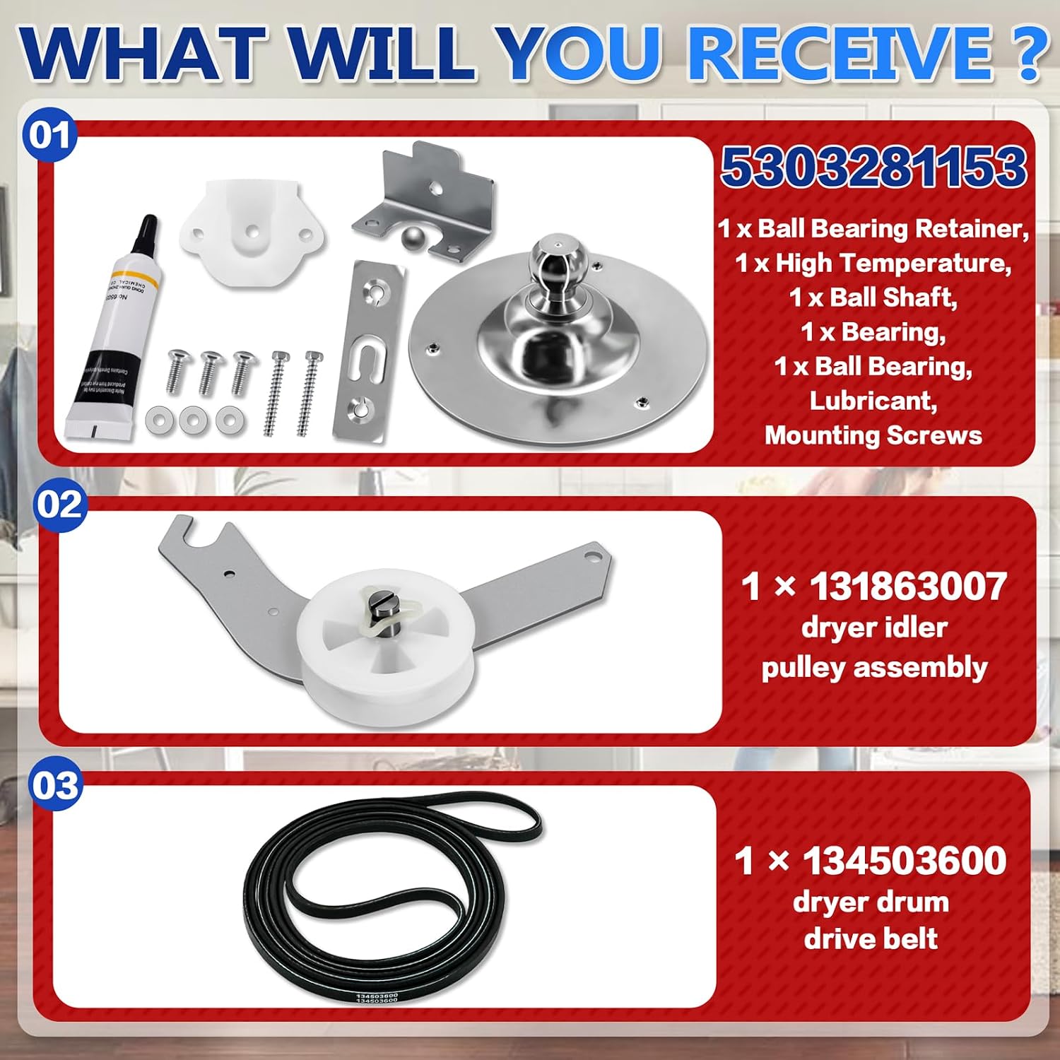 Detalle de 5303281153 134503600 Dryer Belt and Bearing Kit with 131863007 Idler Pulley