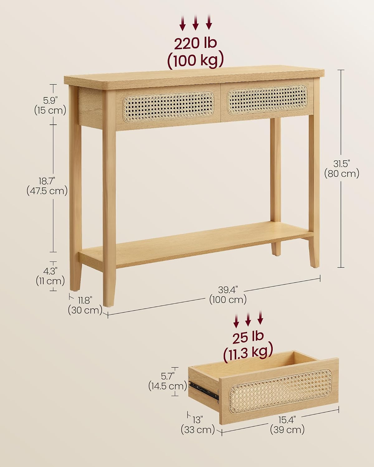 Thumbnail 5 de VASAGLE LNT016Y57 Slim Hallway Console Table, Beige Oak, Two Drawers