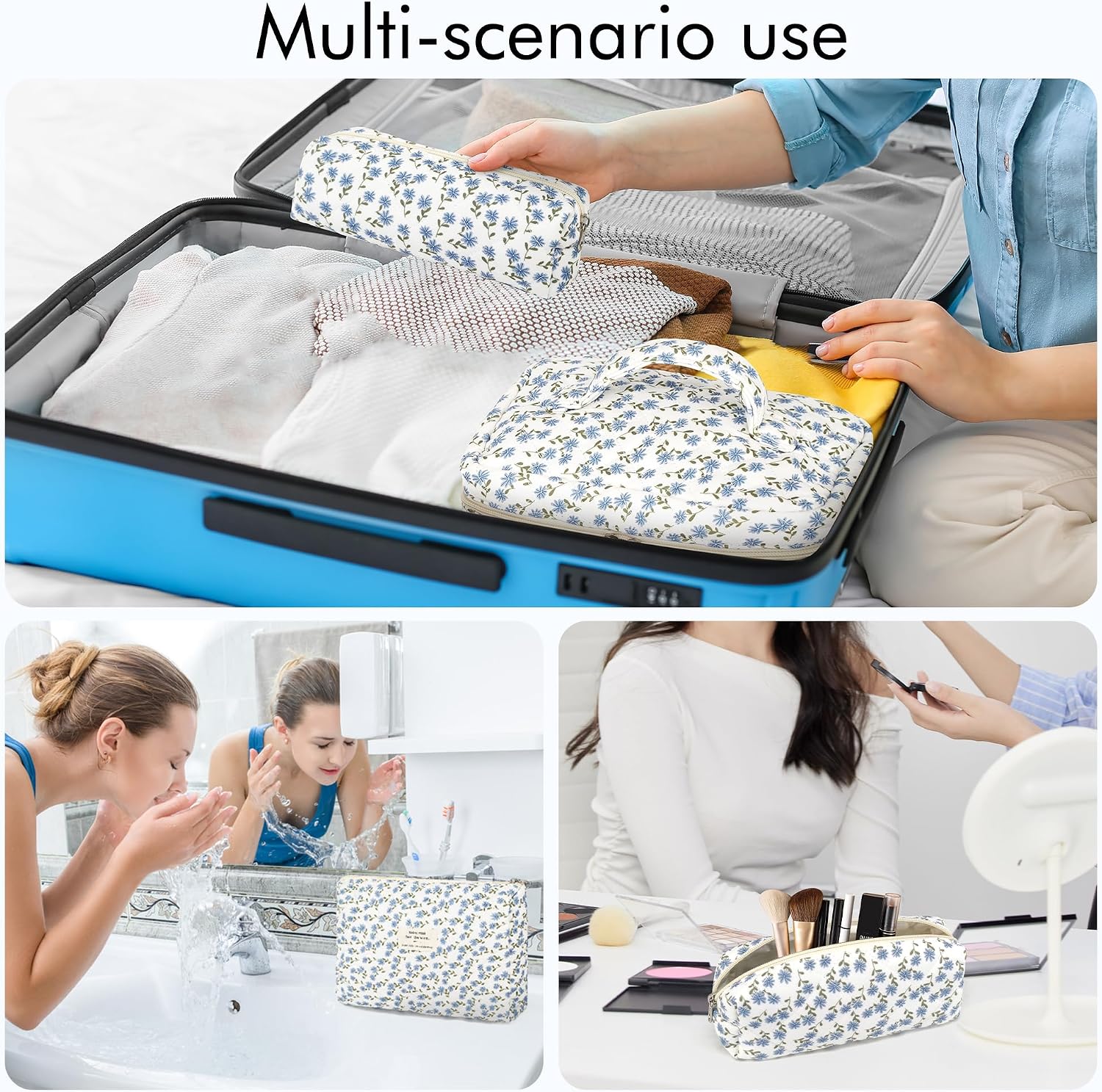 Thumbnail 6 de YMIFEEY 3er Kosmetiktasche-Set Blau Blumen – Klein, Mittel und Groß, robustes Baumwollmaterial, Reise-Beauty-Organiser
