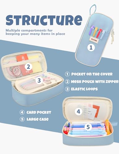 Detalle de SUNEE Cute Pencil Case: Blue Large Kawaii Stationery Organizer