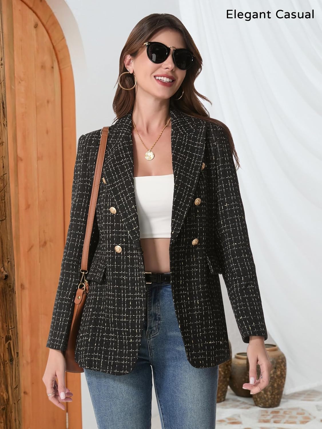 Detalle 2 de Mina Self 2026 Tweed Plaid Blazer XS–3XL