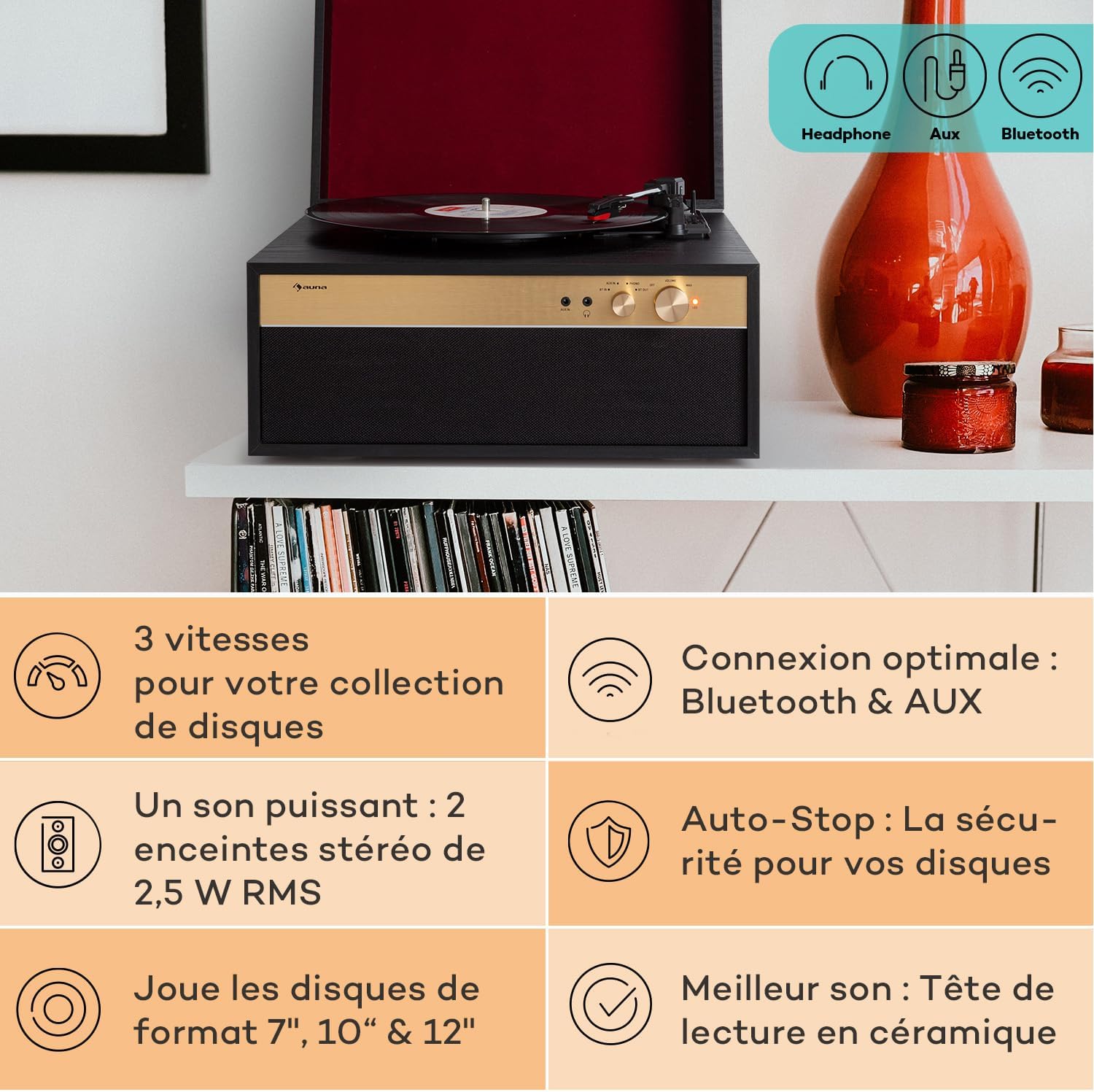 Thumbnail 1 de Auna tourne-disque vinyle avec haut-parleurs et Bluetooth rétro vintage (stéréo)