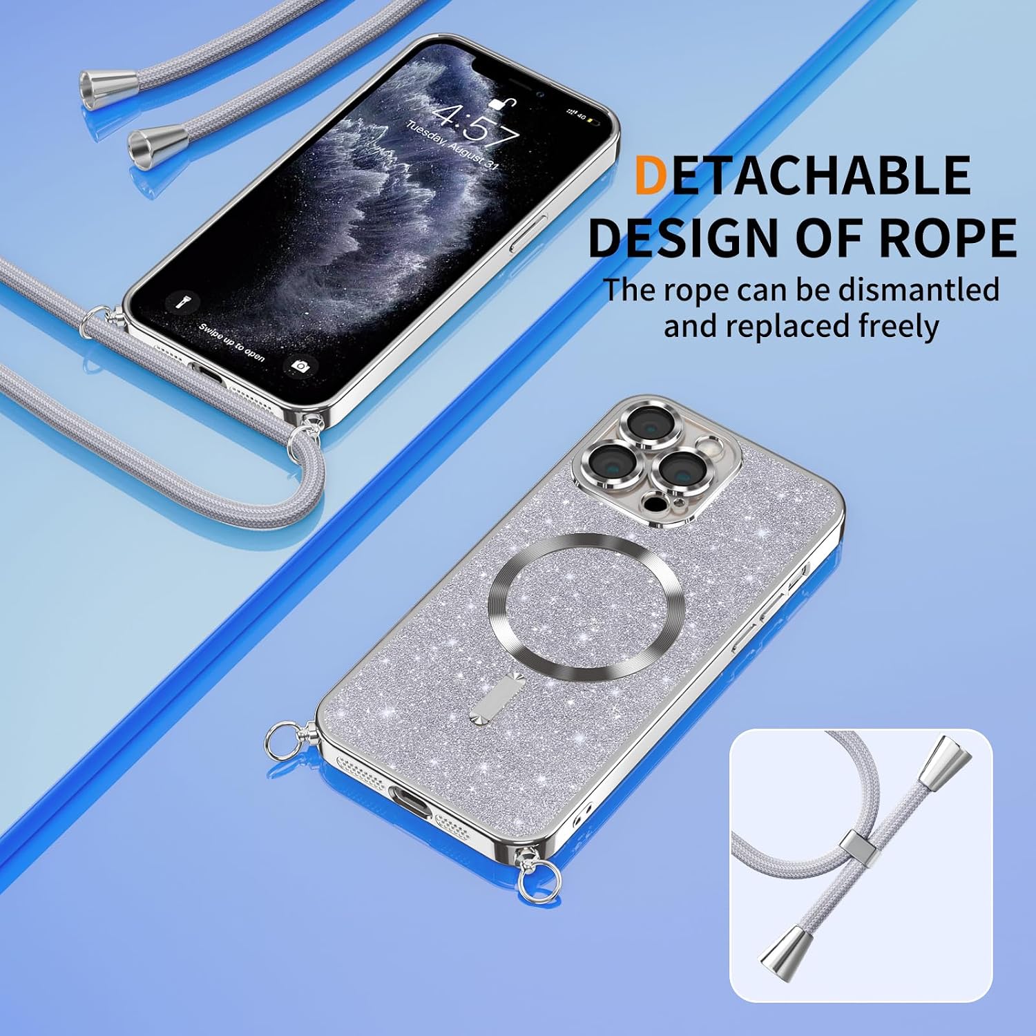 Thumbnail 6 de Phoona Glitter Cover per iPhone 11 Pro 5,8" con Cordino: protezione glitterata, antiurto e compatibile MagSafe (Argento)