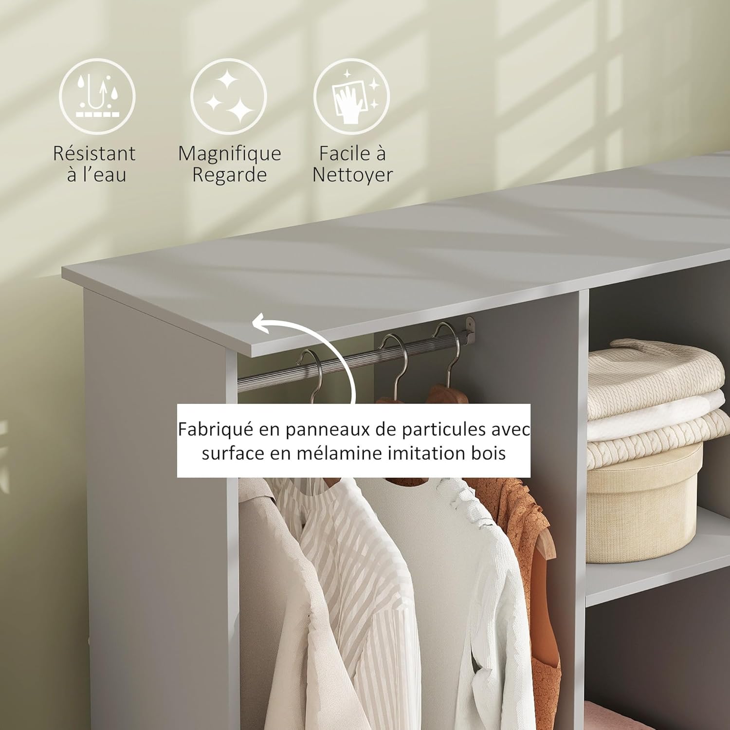 Detalle de HOMCOM armoire penderie ouverte mobile en bois gris, rails aluminium et 6 roulettes (120 x 40 x 128 cm)
