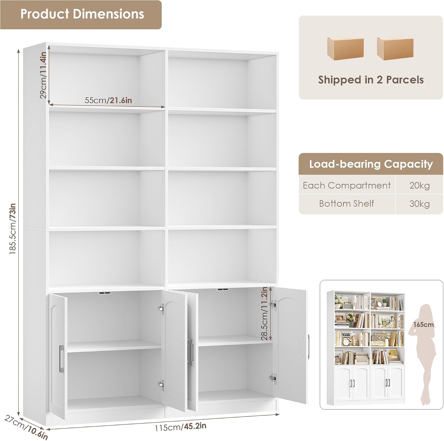Detalle de FirFurd P364 bookcase, 12 compartments, 4 doors, white, 115 x 27 x 185.5 cm