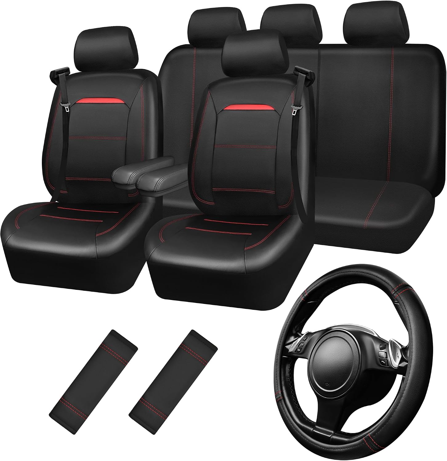 Detalle de CAR PASS Full Leather Seat Cover Set with Steering Wheel Cover and 2 Seat Belt Pads for Trucks and SUVs, Combo Black/Red