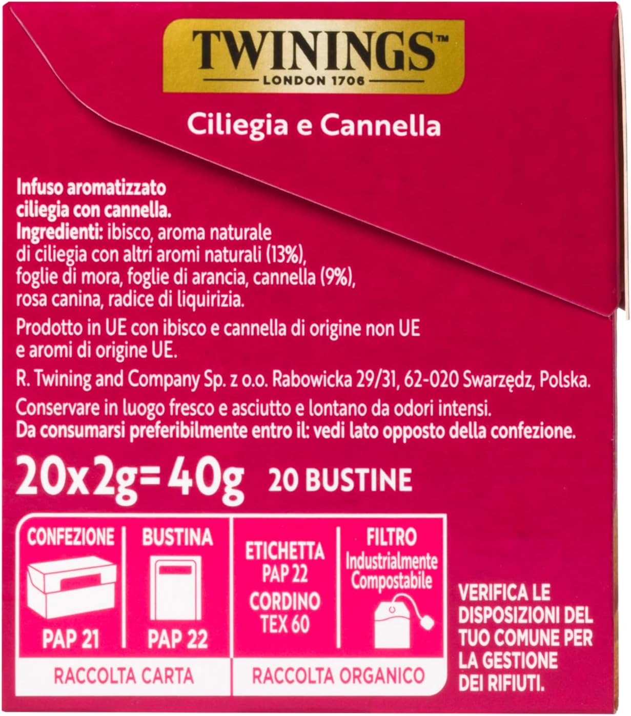 Detalle 2 de Twinings Infuso Aromatizzato Sensations Ciliegia e Cannella – Senza Caffeina, 6 confezioni da 20 filtri (120 filtri)