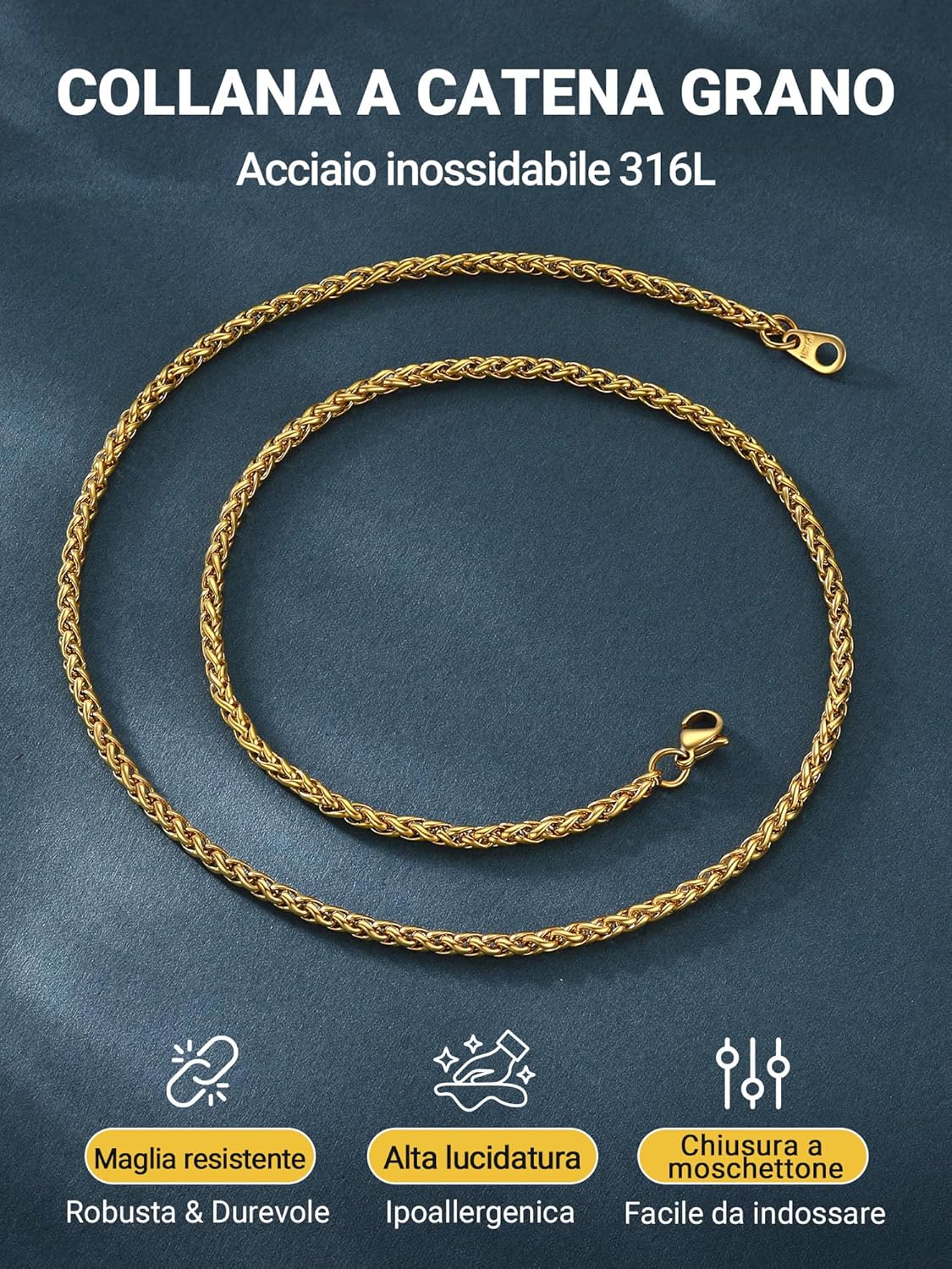 Thumbnail 4 de PROSTEEL Collana 3MM Catenina Uomo in Acciaio 316L – Dente di Drago, lunghezze 46–76 cm