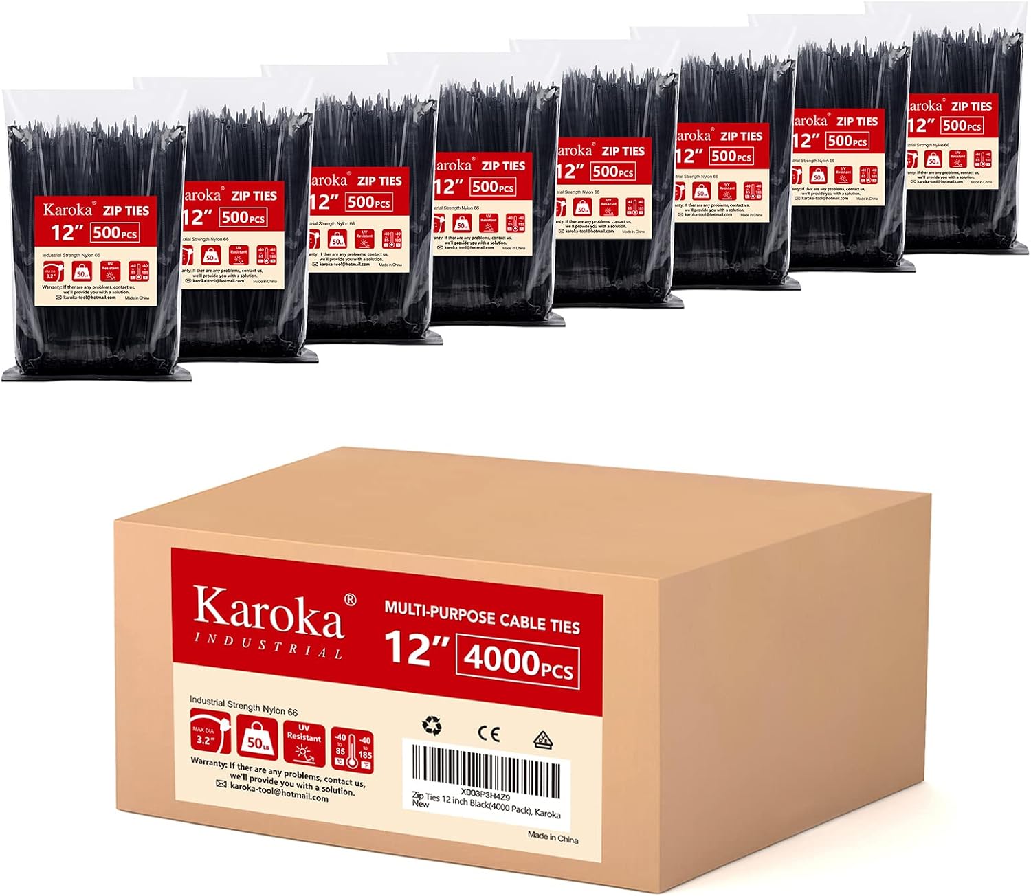 Detalle de Karoka 12 inch 50lb Zip Ties, 4,000-Pack Black UV-Resistant Nylon Cable Ties
