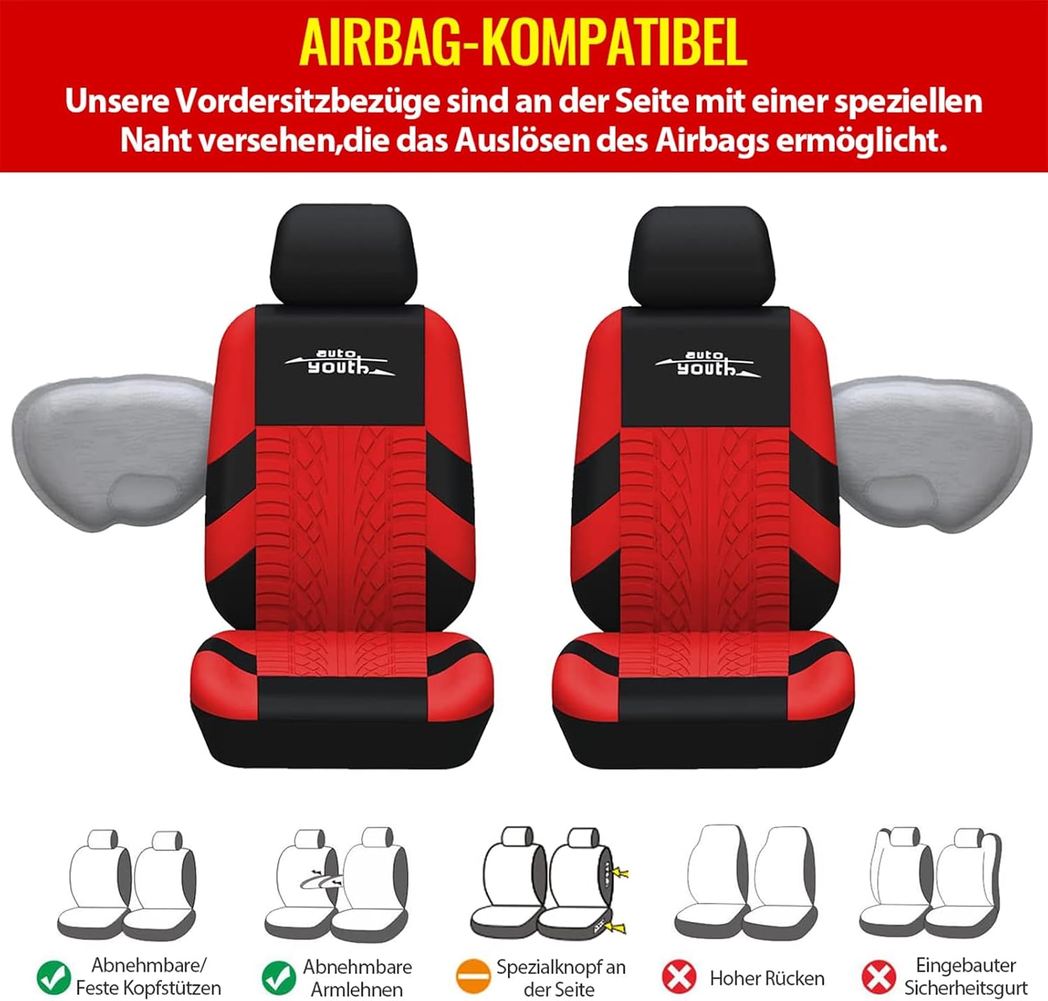 Thumbnail 2 de AUTOYOUTH Autositzbezüge für Vorderseite – Roter Schutz aus Polyester, 3 mm Schaumunterlage, atmungsaktiv und waschbar