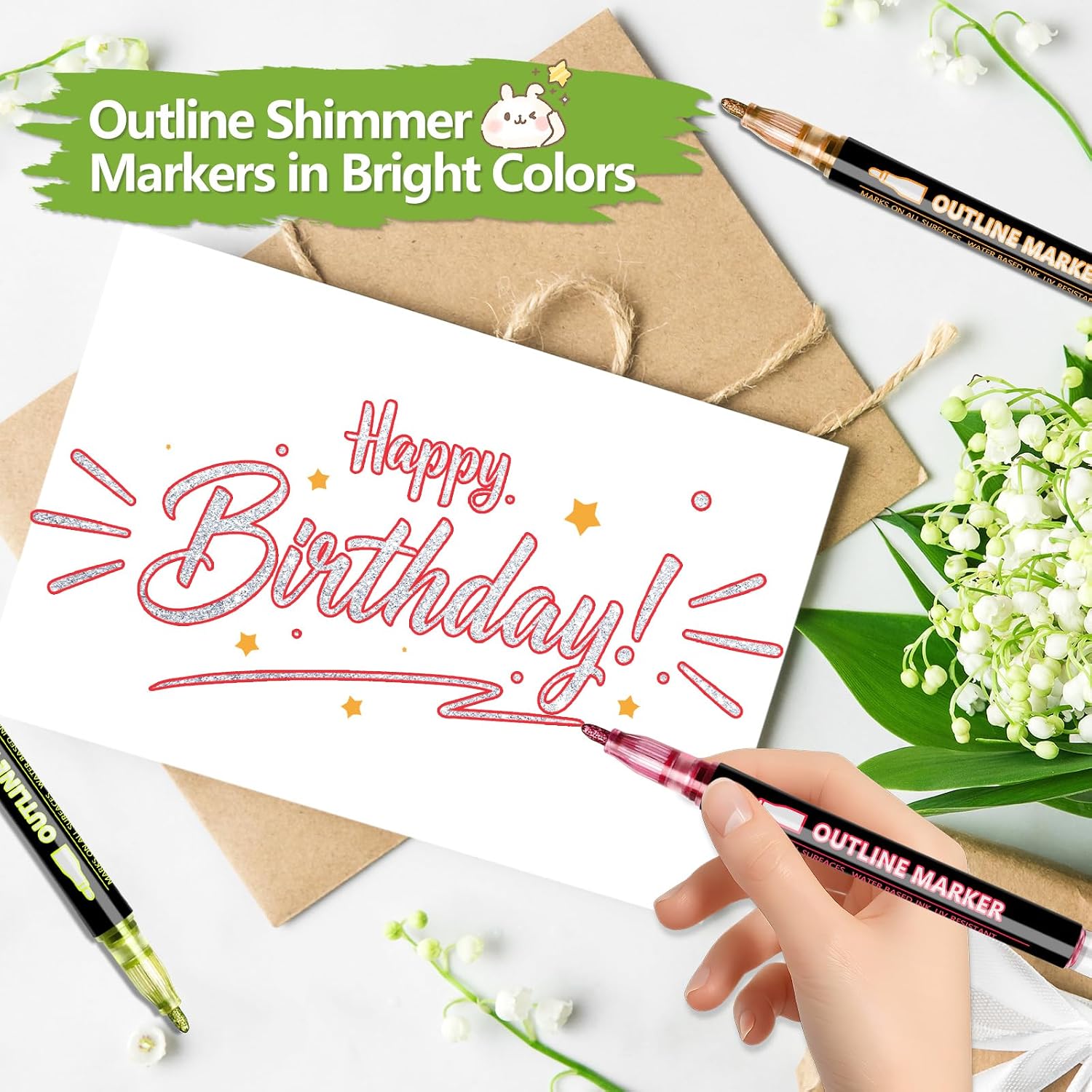 Detalle de PTAZSCTC Outline Shimmer Markers, 12-Color Glitter Pens with Chisel Tips