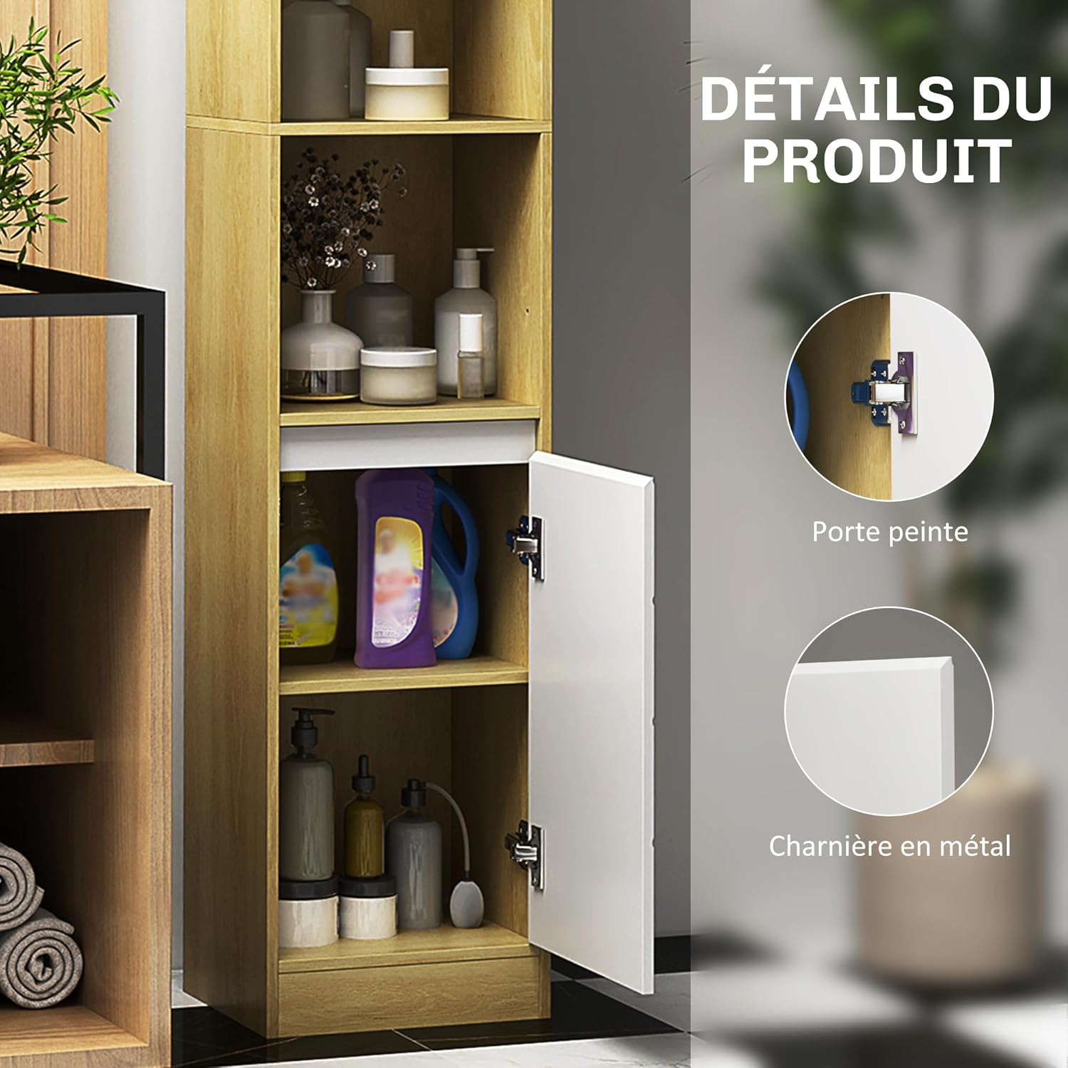 Detalle de HOMCOM Meuble Colonne Salle de Bain à 6 Niveaux – rangement étroit 30 × 24 × 170 cm en chêne et blanc